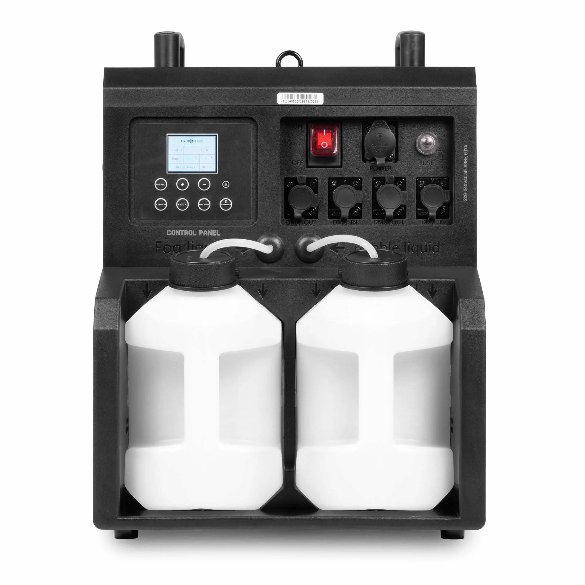 BeamZ Cyclone200 máquina de humo y burbujas con 24 LED RGBW, tanques dobles 1,2 L, caudal 250 m³/min, control DMX 11 canales, panel LCD, temporizador y mando a distancia
