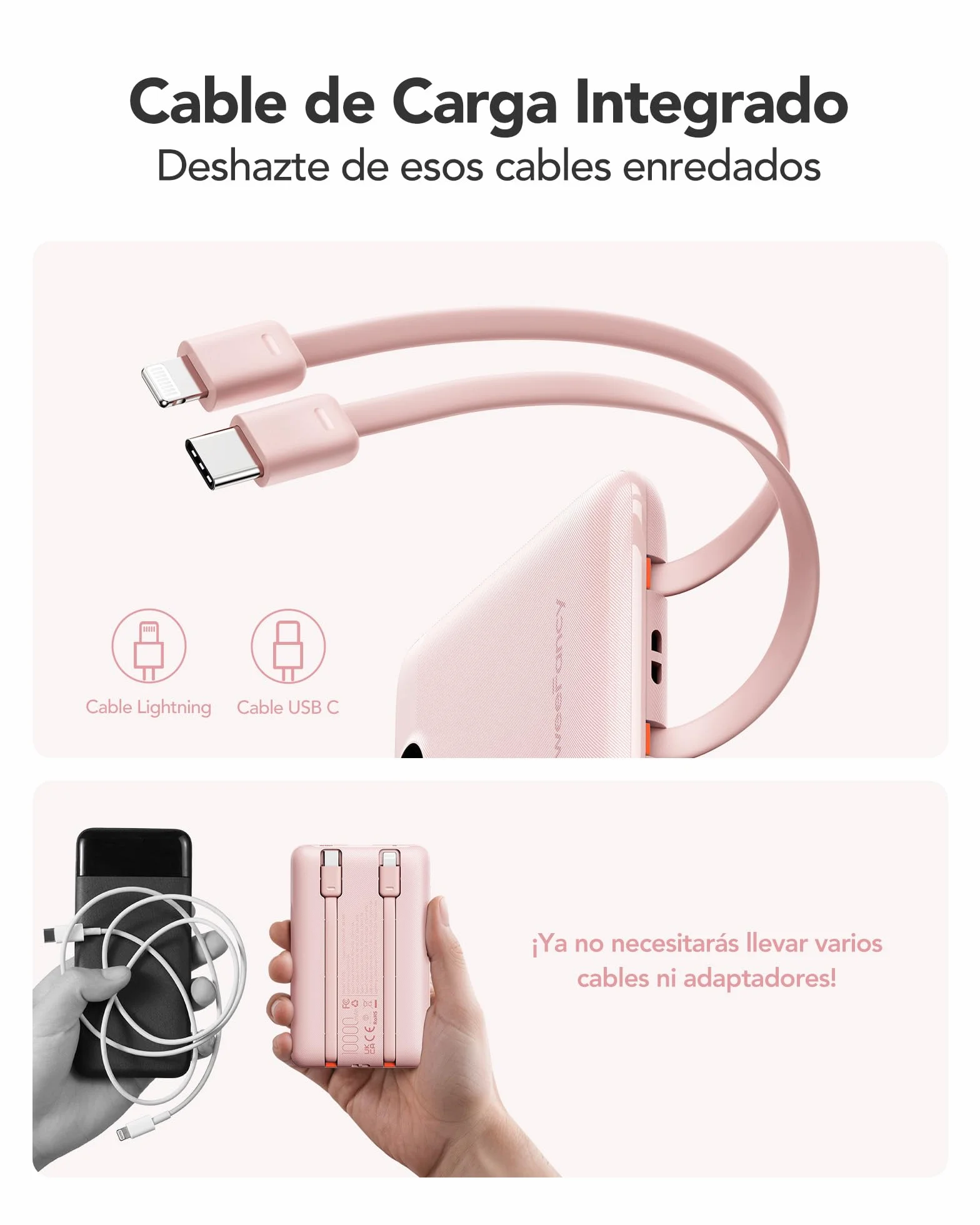 Mini Cargador Portátil para iPhone 10000mAh Slim PD 22.5 W de Carga Rápida con Cables Integrados, Viaje Esencial USB C Batería Pequeña Compatible con iPhone y Android (Rosado)