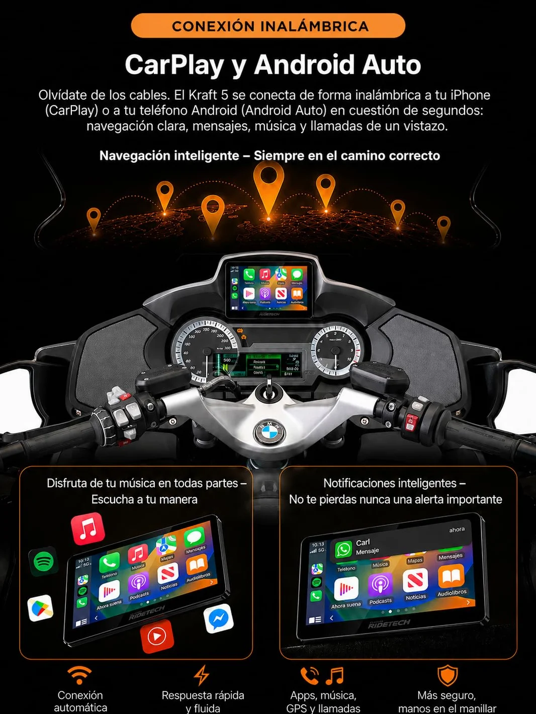 Kraft 5 Pantalla CarPlay BMW RT/K16 Android Auto Plug & Play