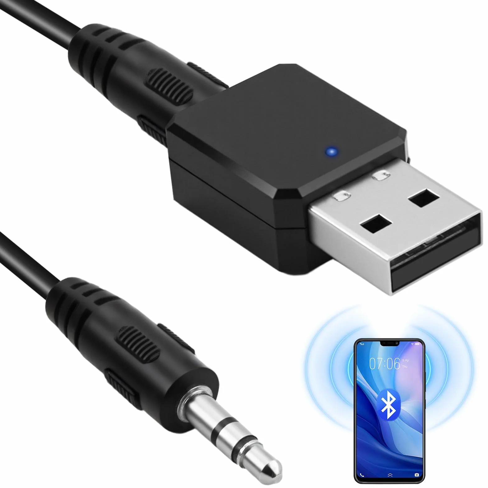Adaptador Bluetooth USB para Coche con AUX, Receptor Audio Inalámbrico Blue Tooth 5.1, Bluetooth Auto para Música sin Cables, Compatible con Android Auto y CarPlay, Cable Jack 3.5mm
