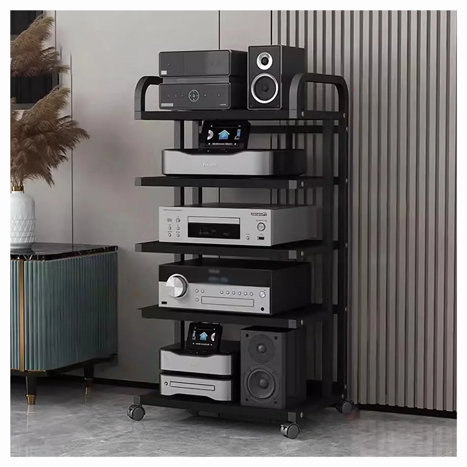 YLLFFLL Mueble Equipo HiFi Soporte para Componentes Audiovisuales con Ruedas, Mueble Estéreo con Ruedas para Salón/Oficina/Espacios Pequeños, Soporte Estéreo De 3/5/ 4 Estantes(Black,H 106cm(41.7in))