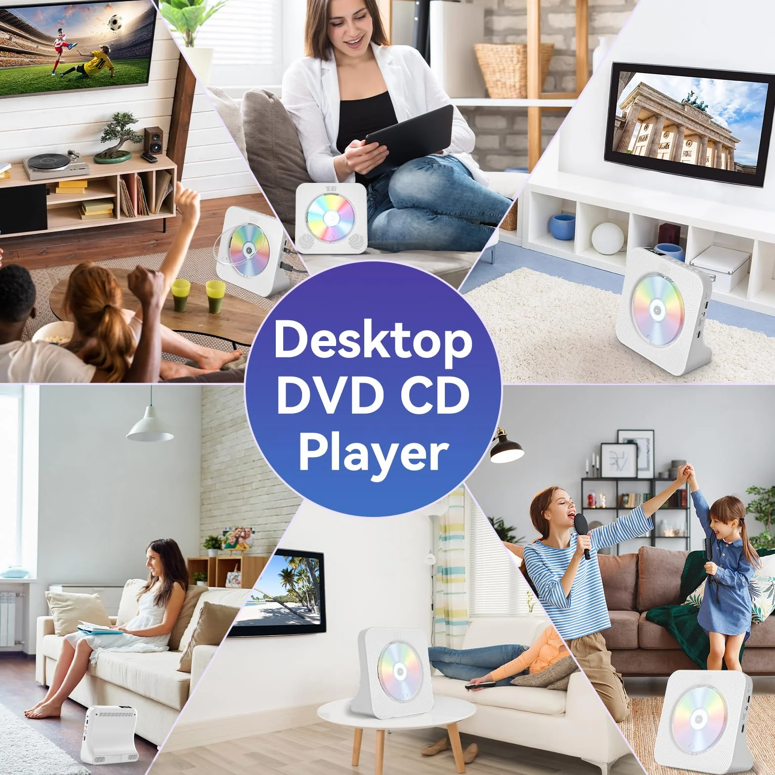 Qoosea Reproductor de DVD para TV con Bluetooth Reproductor de DVD y CD de Escritorio con Altavoces Pantalla Reloj Despertador Radio FM Reproducción de Tarjeta USB, Control Remoto e Cable HDMI(Blanco)