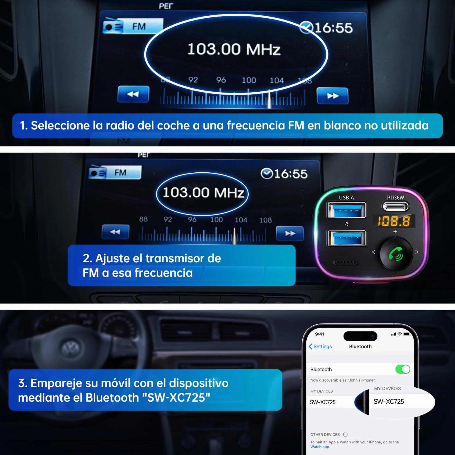 SYNCWIRE Transmisor FM Bluetooth 5.4 para Coche,48W(PD 36W & 12W) Doble USB Cargador Adaptador Receptor de Radio Inalámbrico,Pantalla LED,Llamadas Manos Libres,Soporte Unidad USB de 64GB,Negro