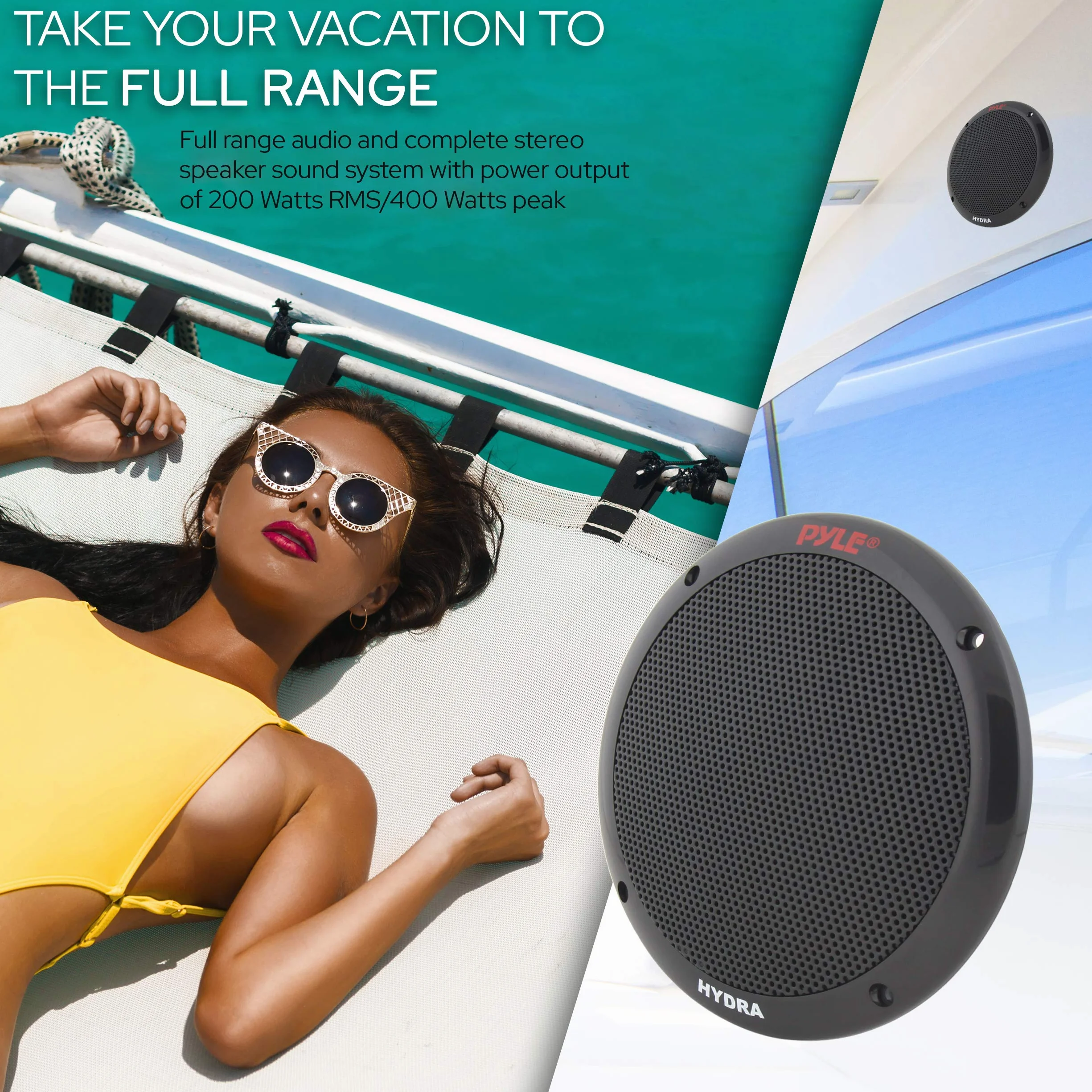 Pyle Altavoces Marinos 400W, 2 vías Iimpermeables, para Barco y Exterior con Sonido Estéreo, Rango Completo, Montaje Universal, 16.5 cm