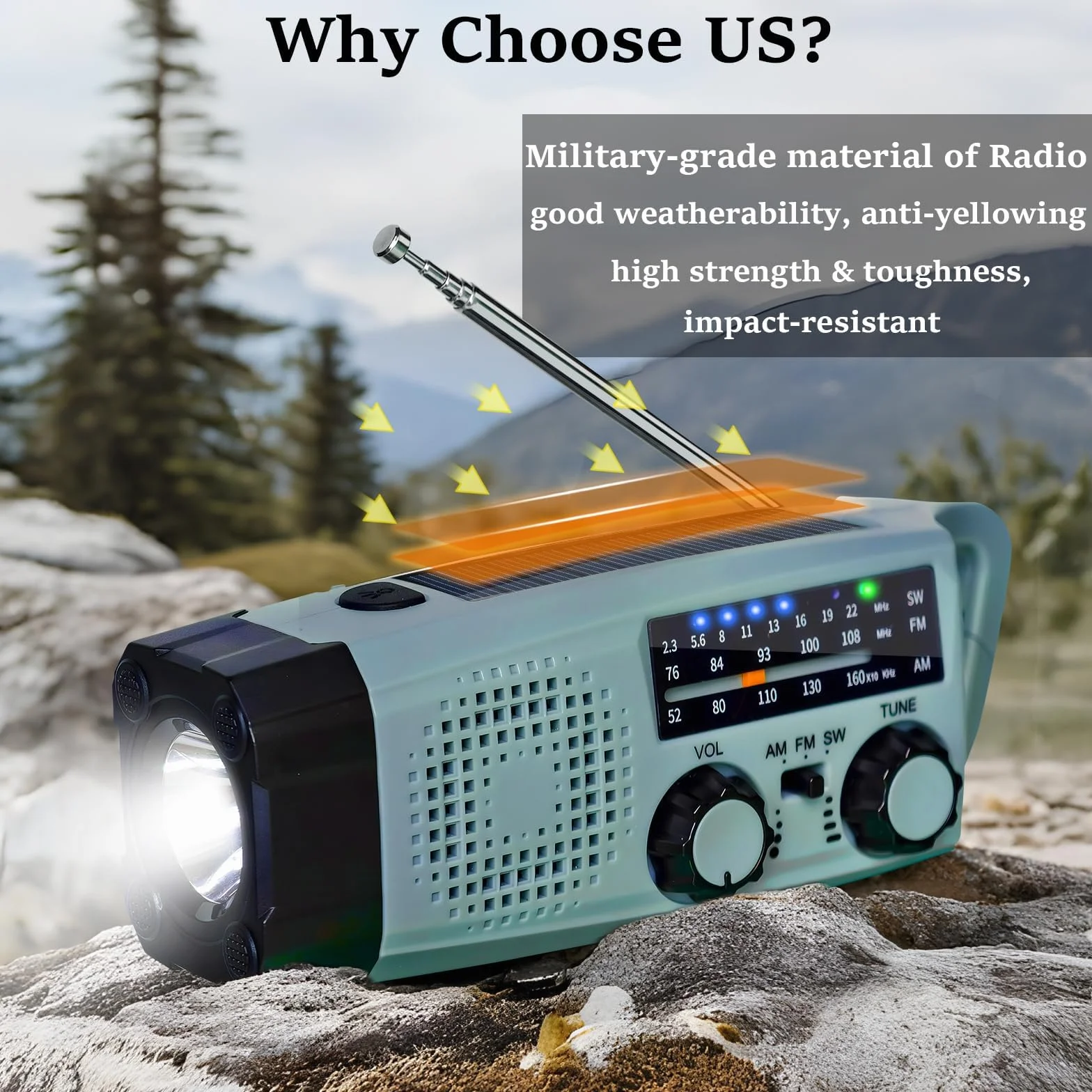 Radio Solar de Emergencia con Manivela, FM/AM/SW Portatil, Linterna LED 2000mAh Powerbank, SOS Alarma, IPX5