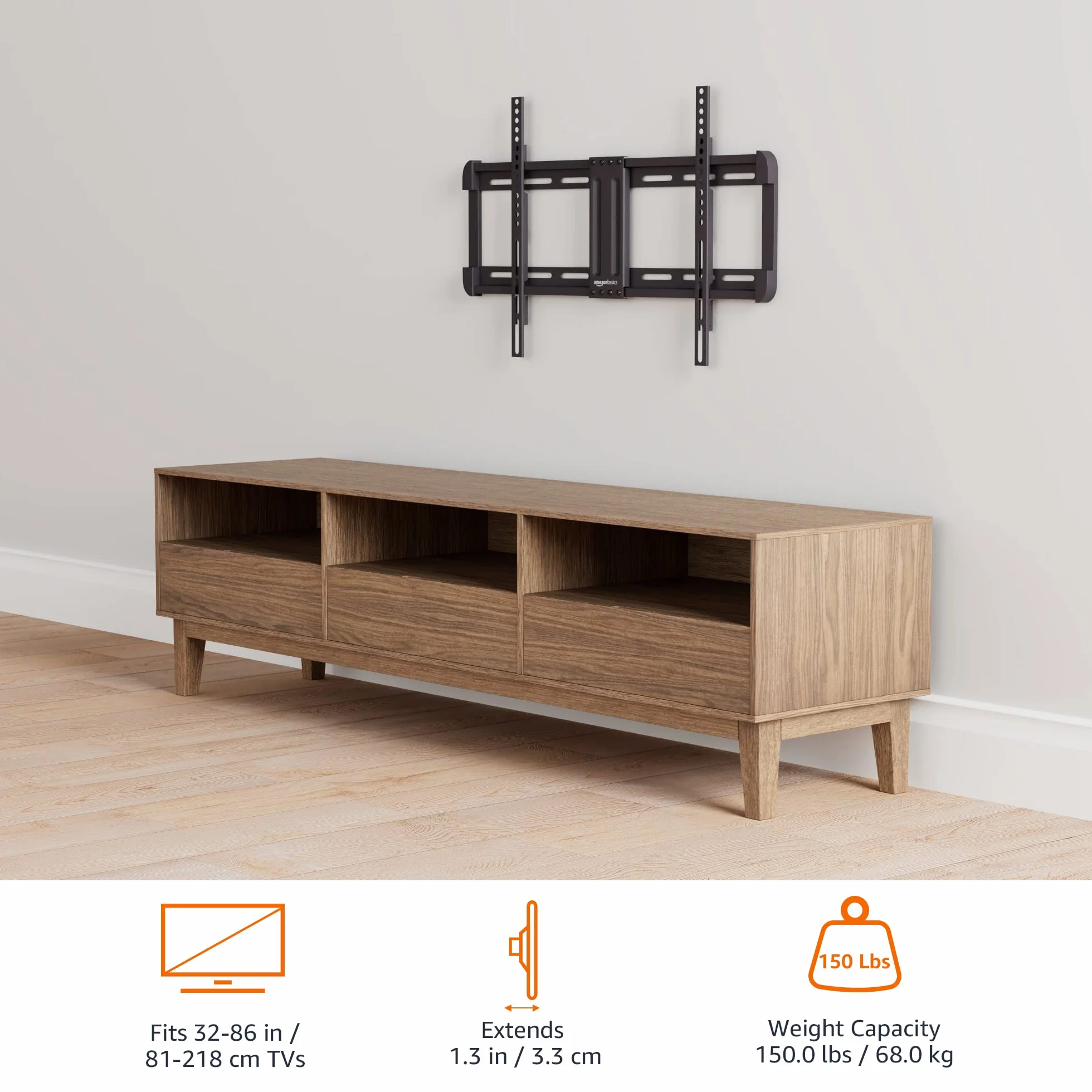 Amazon Basics Soporte de montaje en pared para TV de perfil bajo, 81,2 a 218,4 cm, Negro, 32" a 86"