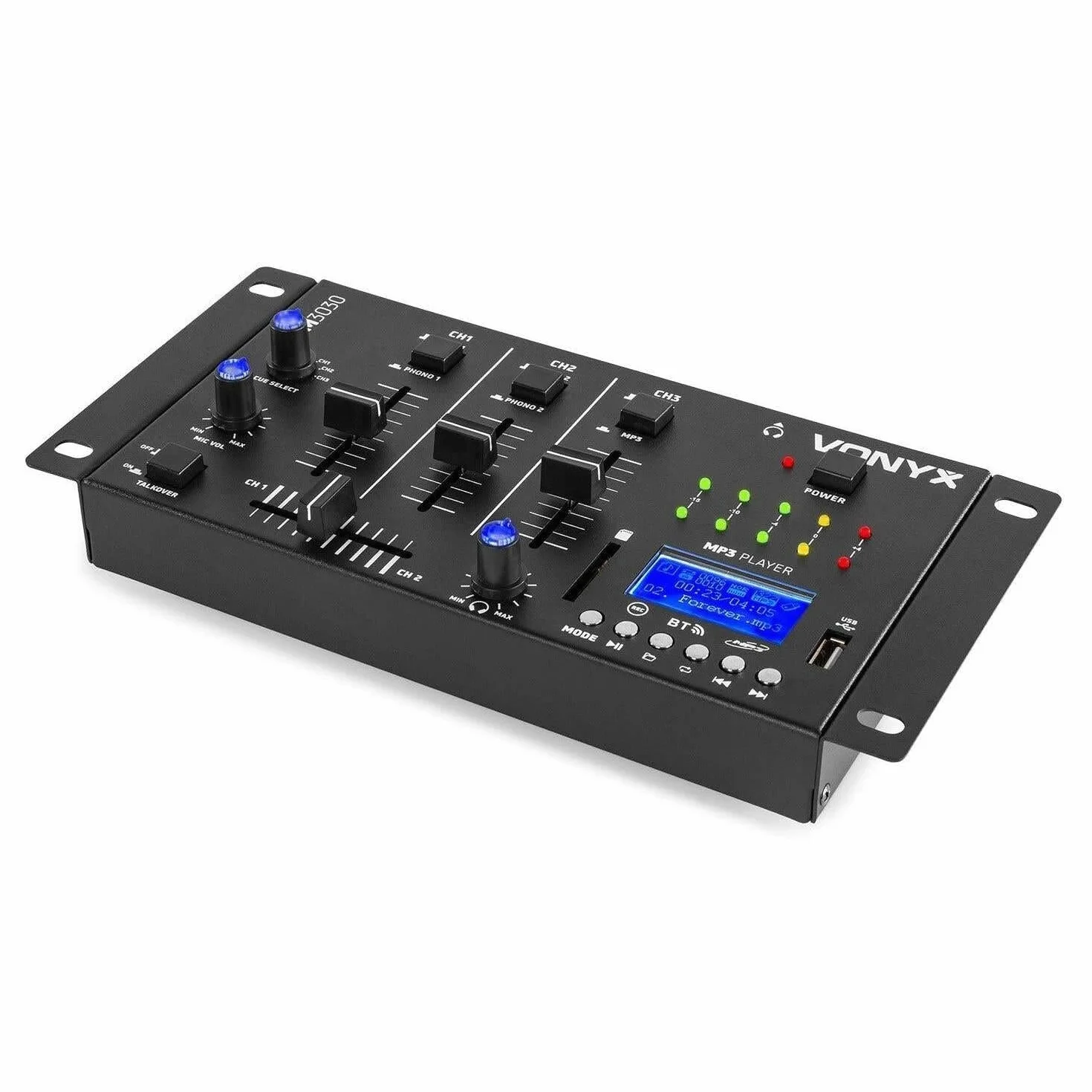 Vonyx STM3030 - Mezclador de 4 canales con reproductor de MP3 USB y tarjetas SD, conexión Bluetooth, funcion grabación en Wav, entrada para 2 micrófonos, talkover, 2 canales linea/phono, función cue