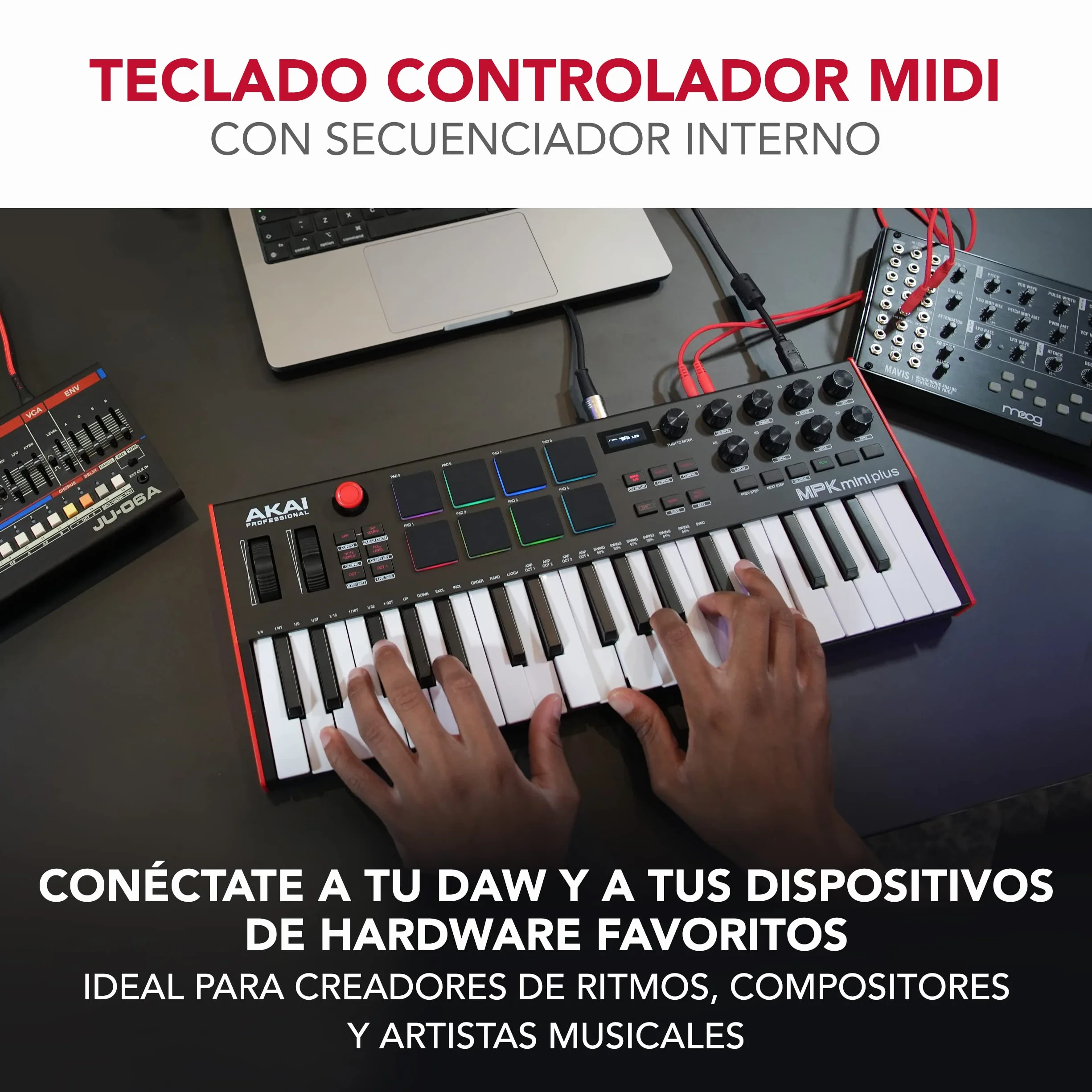 Akai Professional MPK Mini Plus - Teclado Controlador MIDI USB de 37 Mini Teclas con 8 Pads MPC, Secuenciador, MIDI/CV/Gate I/O, Software de Producción y Native Instruments Sound Package