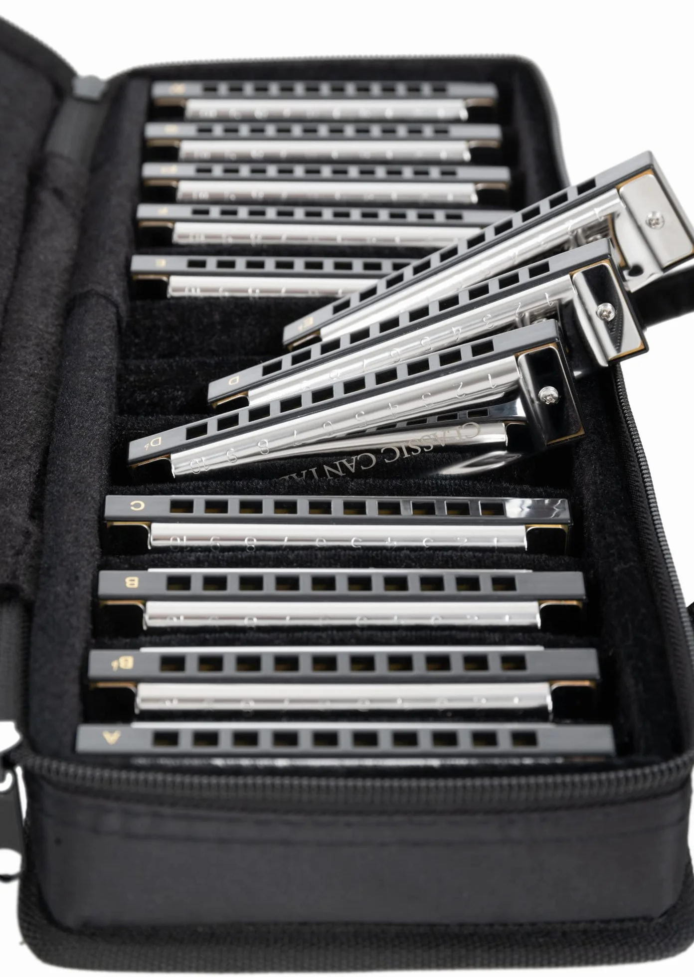 Classic Cantabile AHBS-12 Alabama Blues Harmonica Set De 12 Armónicas Diatónicas En Varias Tonalidades - 10 Lengüetas De Latón - Caja De Acero Inoxidable - Incluye Estuche Y Paño