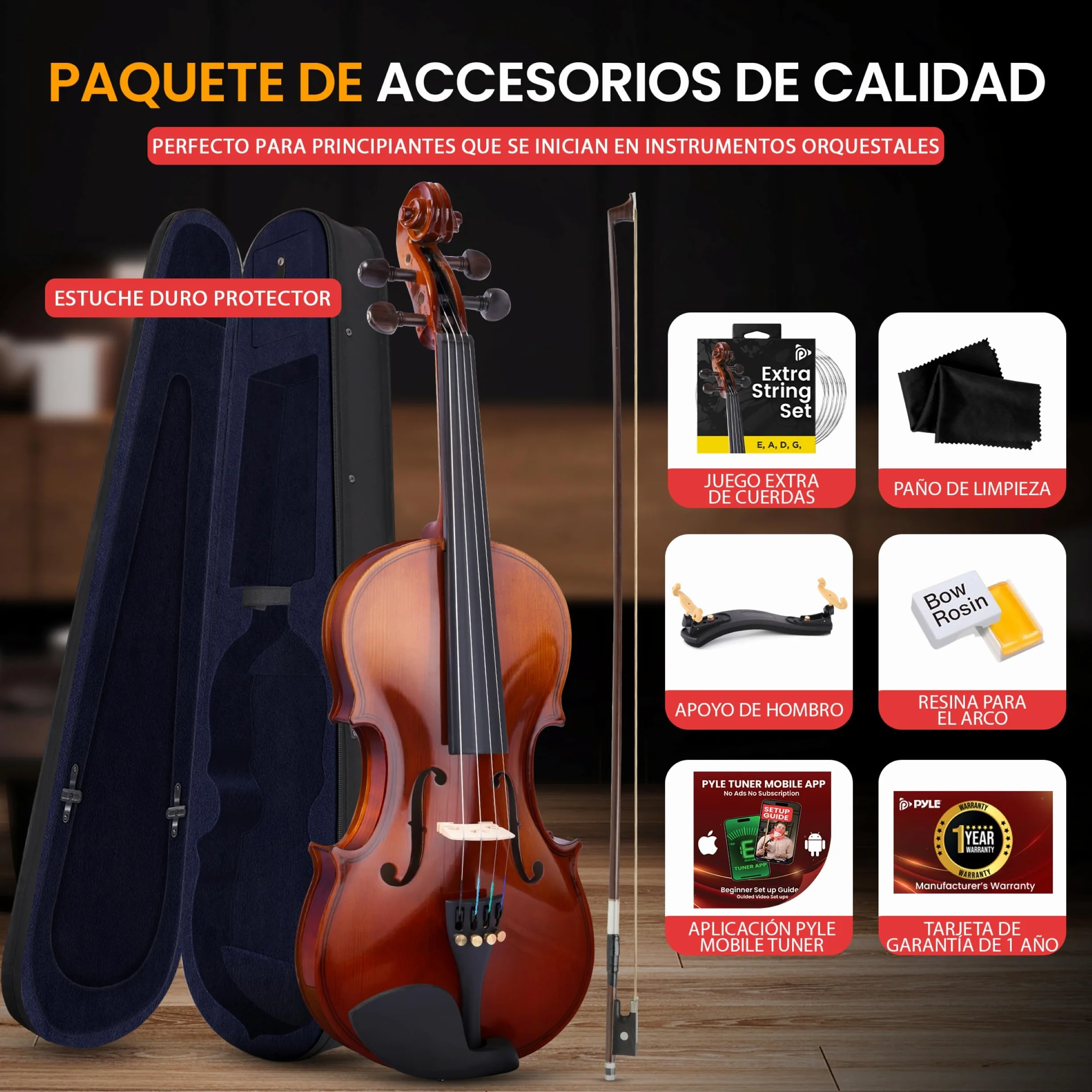 Pyle violin 4/4, Set para principiante y niños, Con estuche, Paño de limpieza, Reposabrazos ergonomico, Afinador digital, Cuerdas adicionales