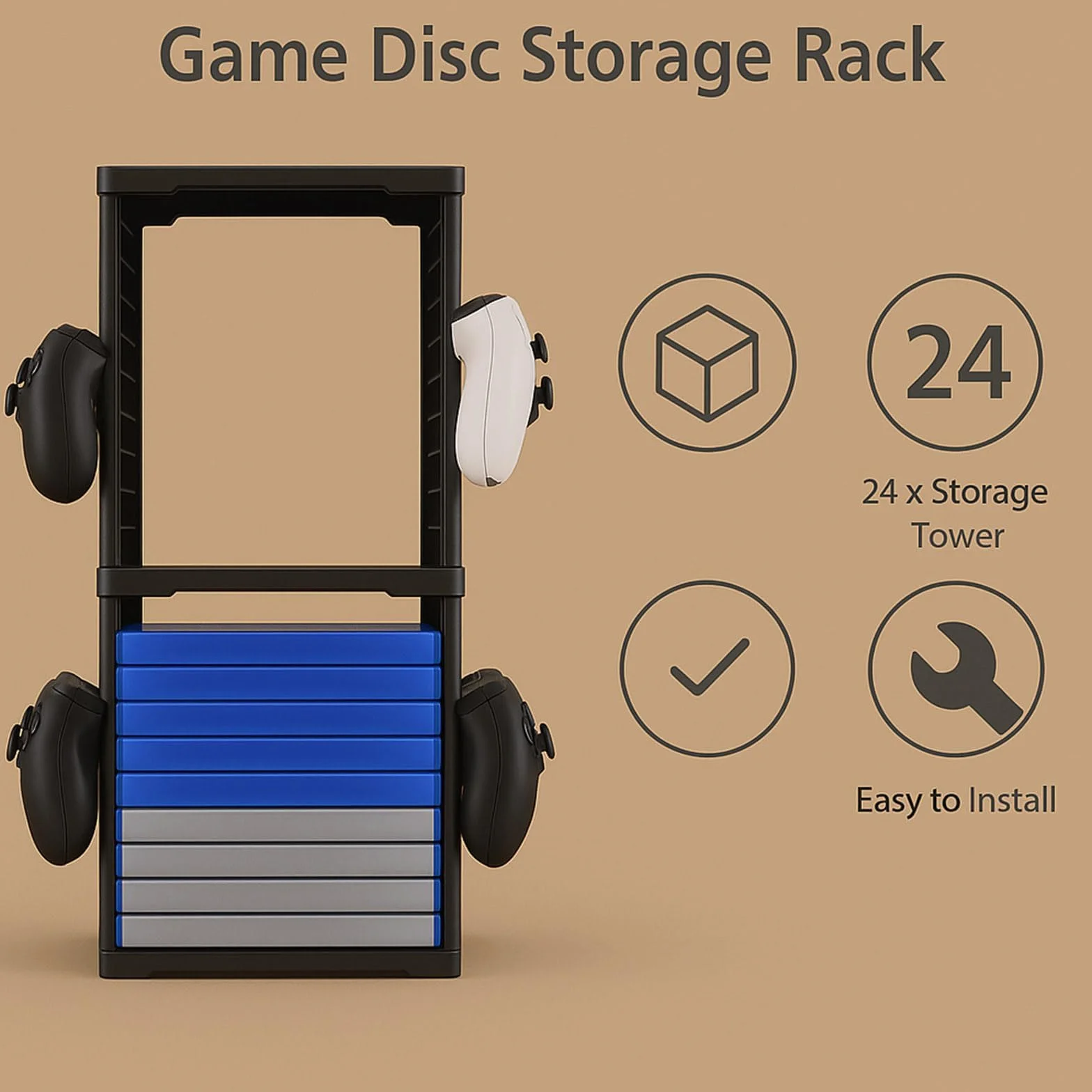 Soporte de torre de almacenamiento de juegos para PS5, PS4, Xbox Series X/S, Xbox One, Switch y discos Blu-Ray, organizador de 24 discos con controlador y ganchos para auriculares, ahorro de