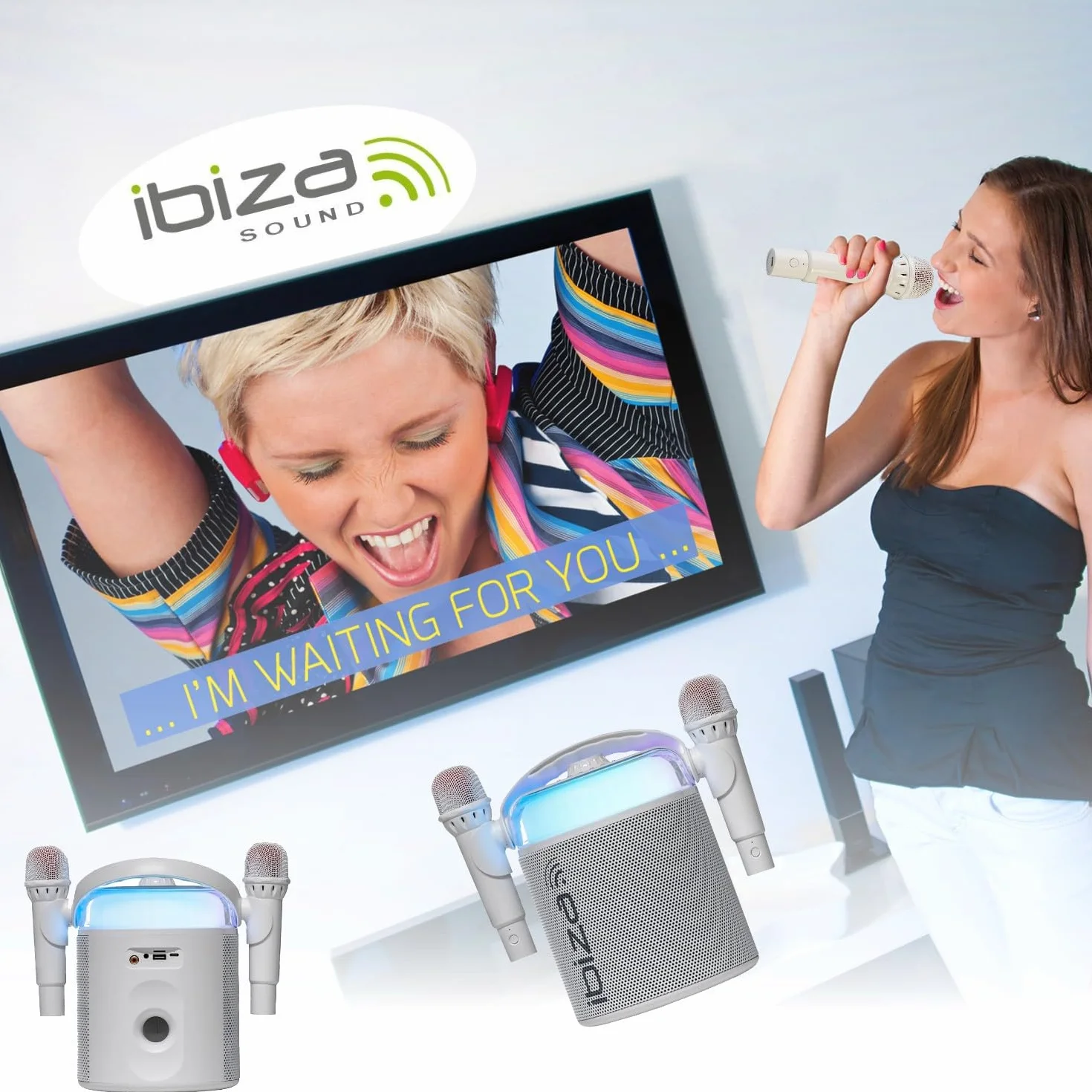 Ibiza Sound – Pack Karaoke Altavoz portátil Bluetooth inalámbrico KARAHOME-WH 120 W USB SD 2 micrófonos – Bola Disco LED RGB Astro-BALL8 Niño