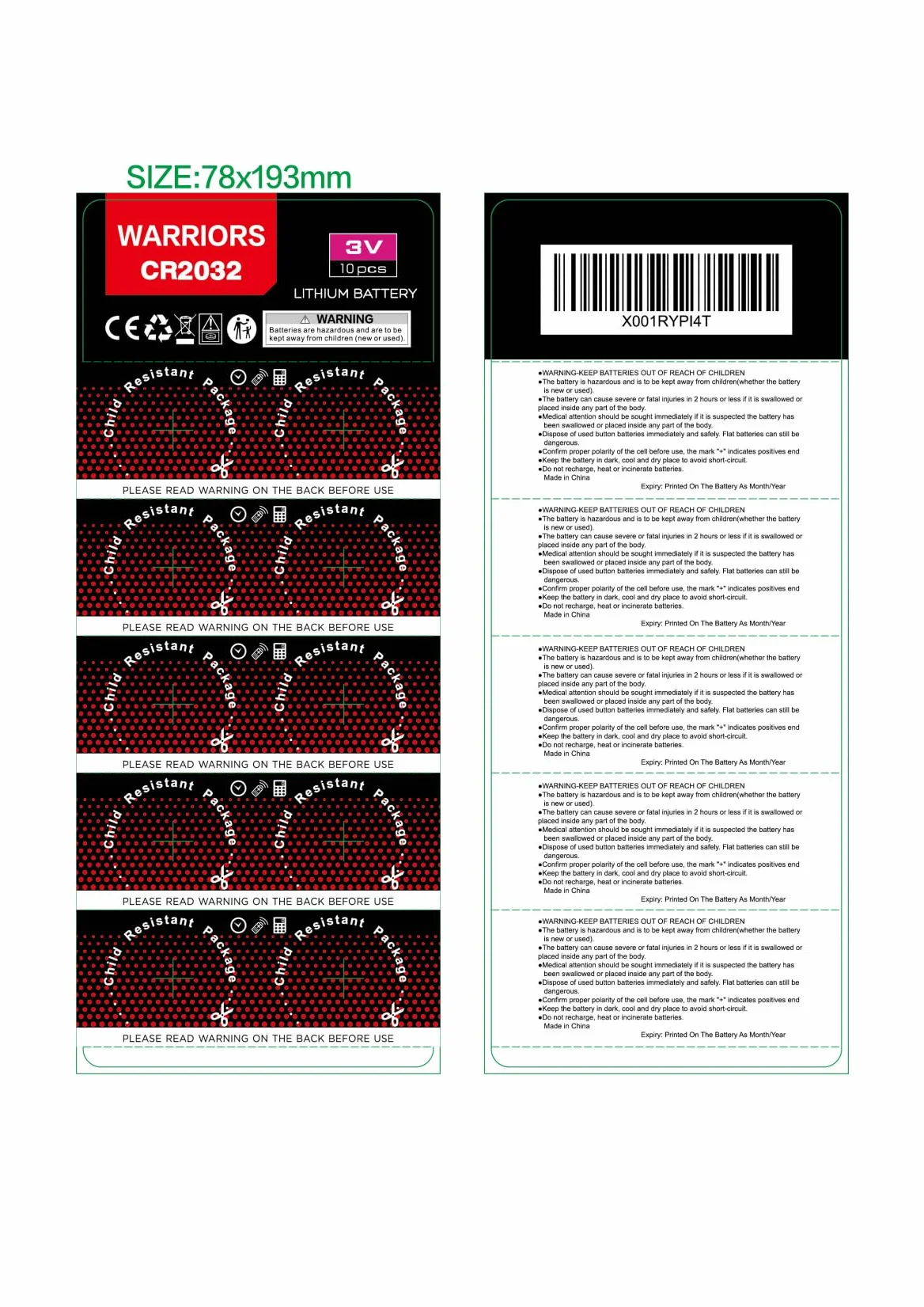 Pilas CR2032 3V Litio Botón Warriors 10X, Embalaje a Prueba de niños para Llaves de Coche