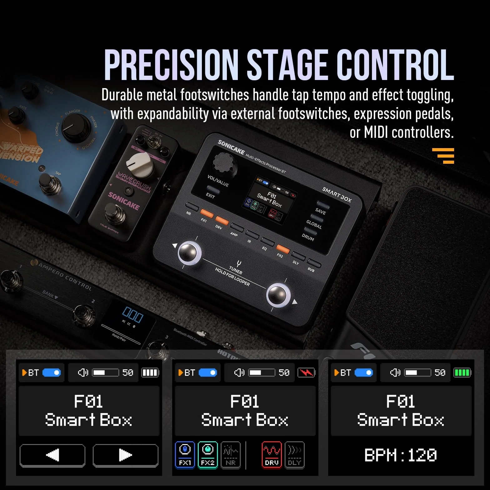 SONICAKE Procesador de Múltiples Efectos para Guitarra/Bajo, 130+ Efectos, Soporte NAM/IR, Looper, Afinador/Metrónomo Integrado, Salida Estéreo Smart Box QME-20