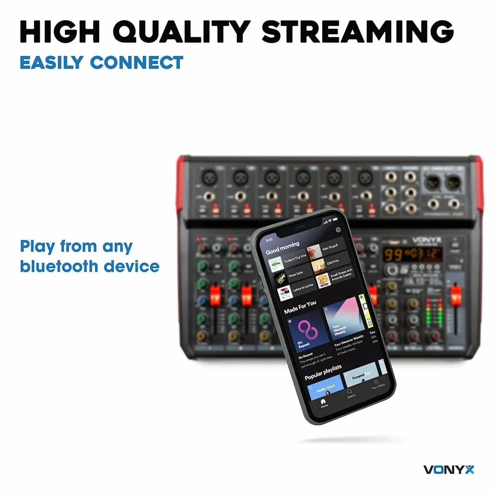 Vonyx VM-KG10 Mesa mezcladora de música de 10 canales con interfaz de audio USB, Bluetooth y efectos DSP integrados