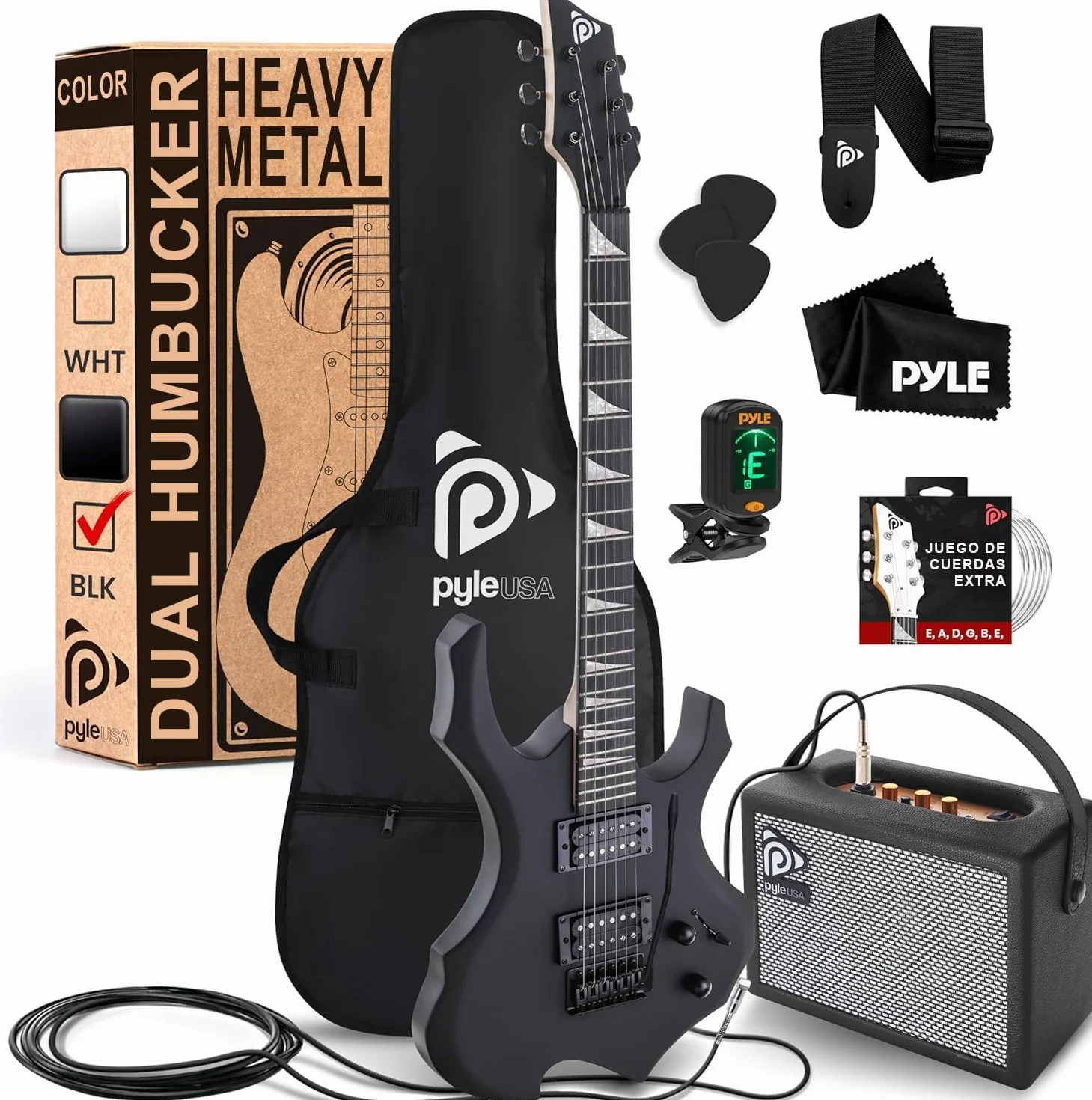 Pyle kit de guitarra electrica, Heavy metal, Tipo Hacha, Con amplificador, tamaño completo, Accesorios