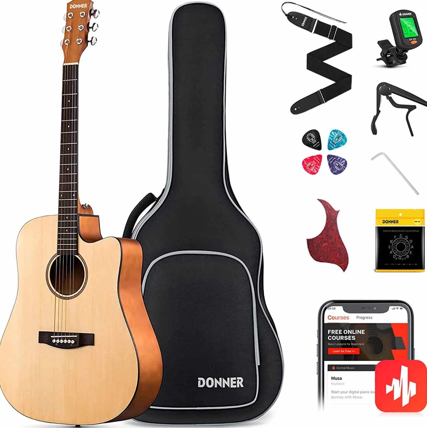 Donner Guitarra Acústica 4/4 para Adulto Principiantes Guitarra Kit Cutaway 41 Pulgadas Dreadnought con con Afindar Cuerdas Capo Natural