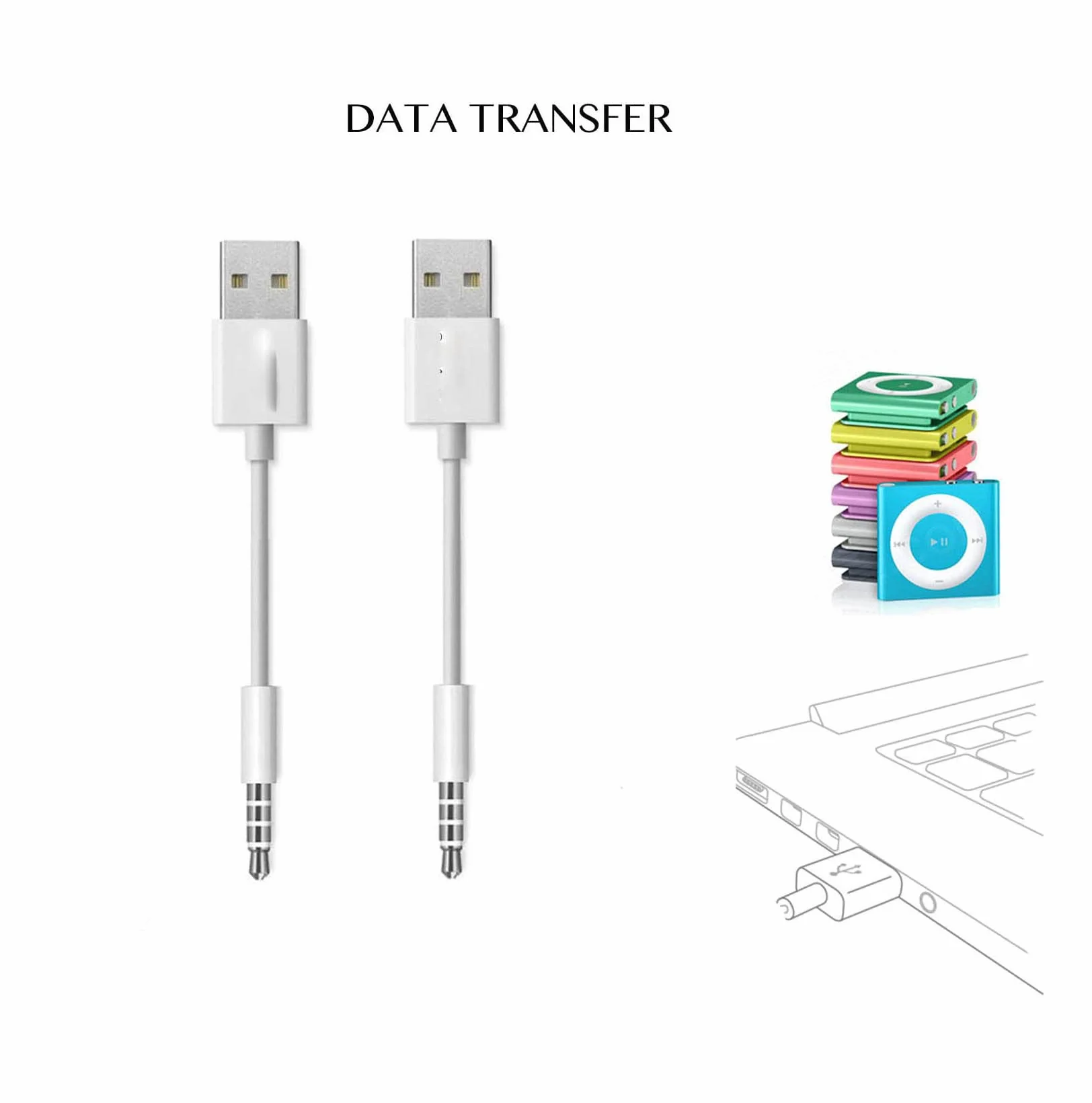 Cable para iPod Shuffle, conector jack de 3,5 mm a cargador USB + cable de repuesto de datos de sincronización compatible con iPod Shuffle, 3ª, 4ª, 5ª y 6ª generación, MP3/MP4, color blanco