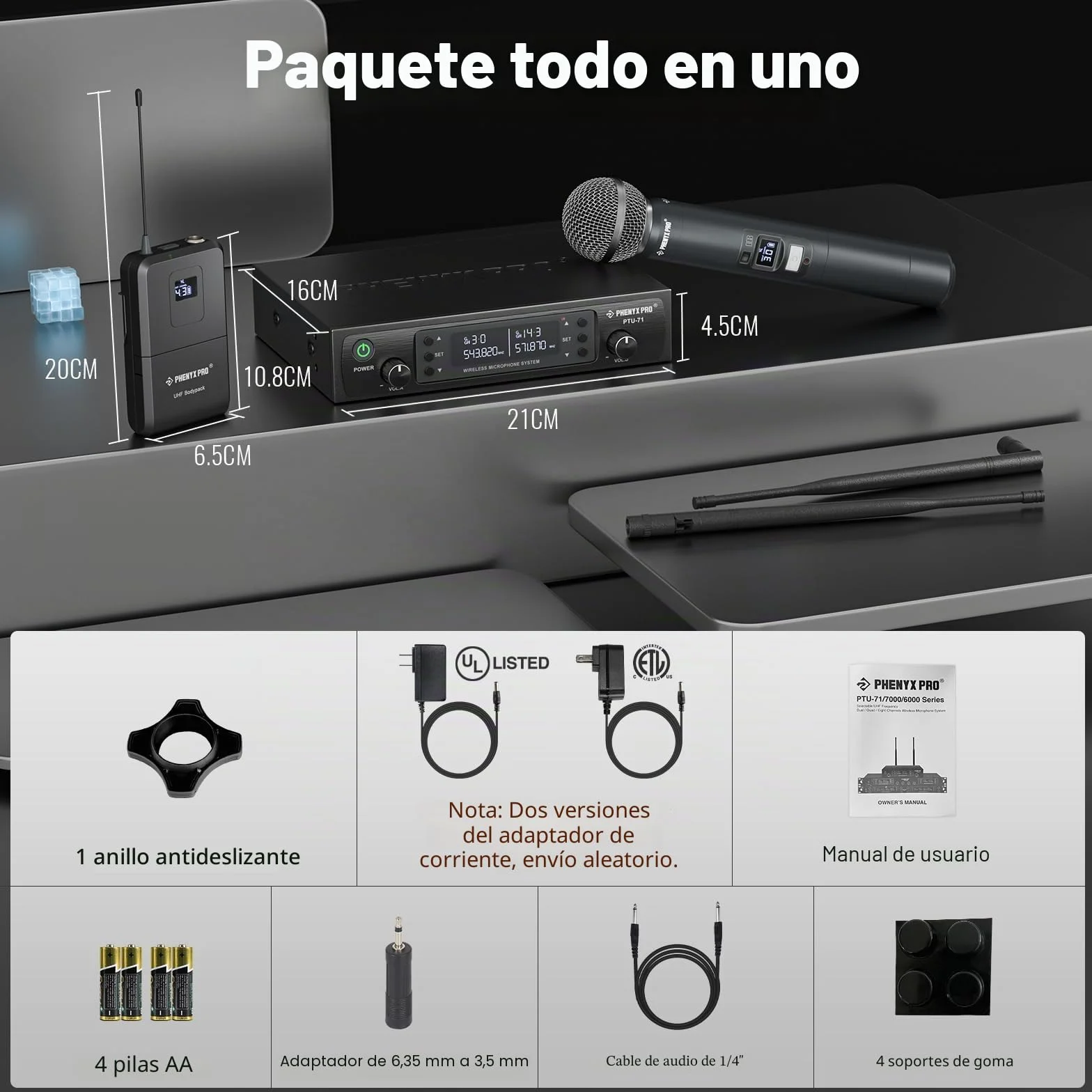 Phenyx Pro Sistema de micrófono inalámbrico, Juego de microfono Karaoke de Doble Canal con Mano/bodypack/Auriculares/Solapa, 2x100 Canales, Ideal para Eventos, Iglesia (PTU-71B)