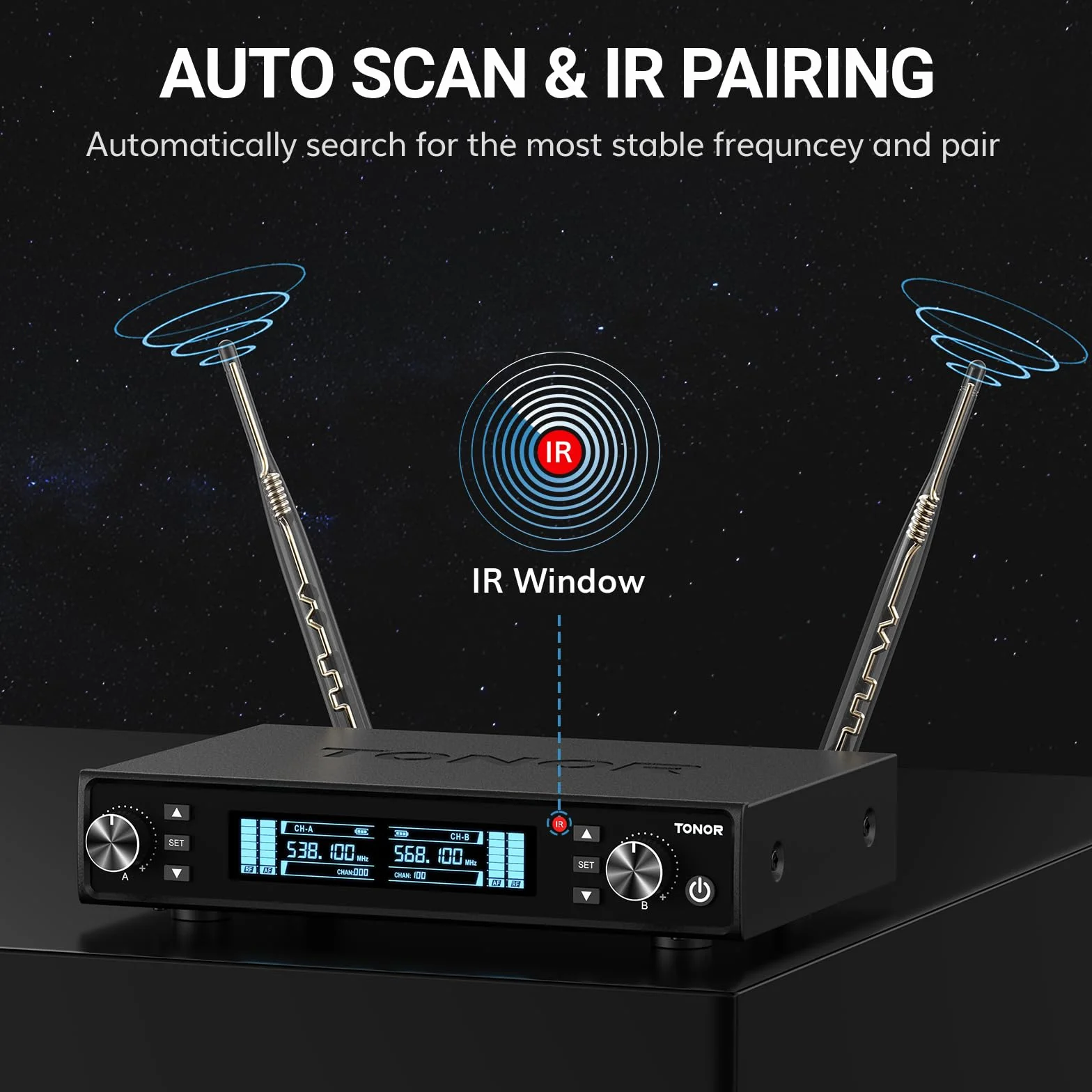 TONOR Sistema de Micrófono Inalámbrico, Micrófono Profesional Recargable, Micrófono Dinámico Inalámbrico de Metal UHF 2x100 para KaraokeIglesia, Canto, Bodas, Reuniones, DJ, Auto Scan, 80 M, TW550
