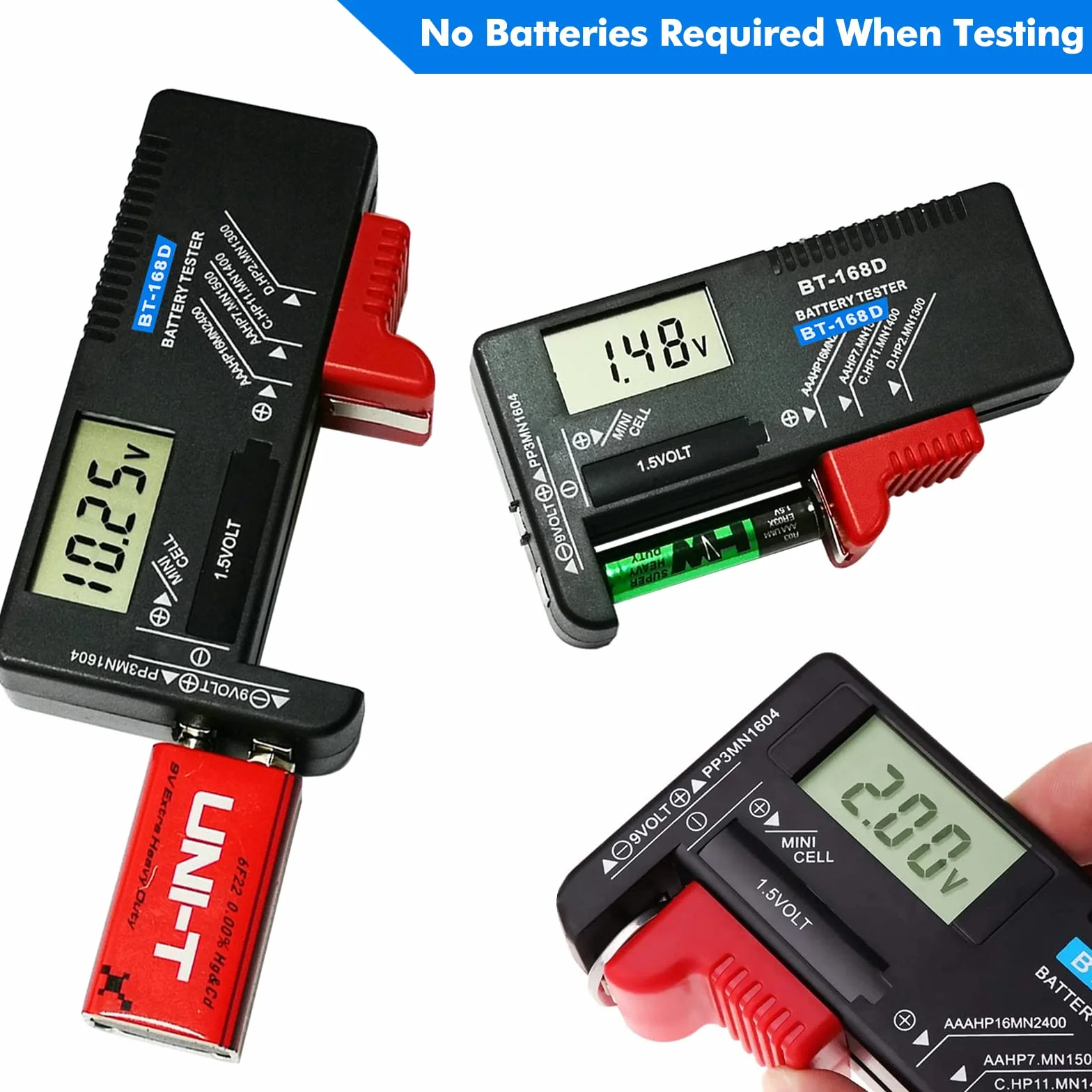Comprobador de Pilas BT-168D - Medidor LCD Digital Universal Para AA/AAA/C/D/9V/1,5V y Pilas de Botón