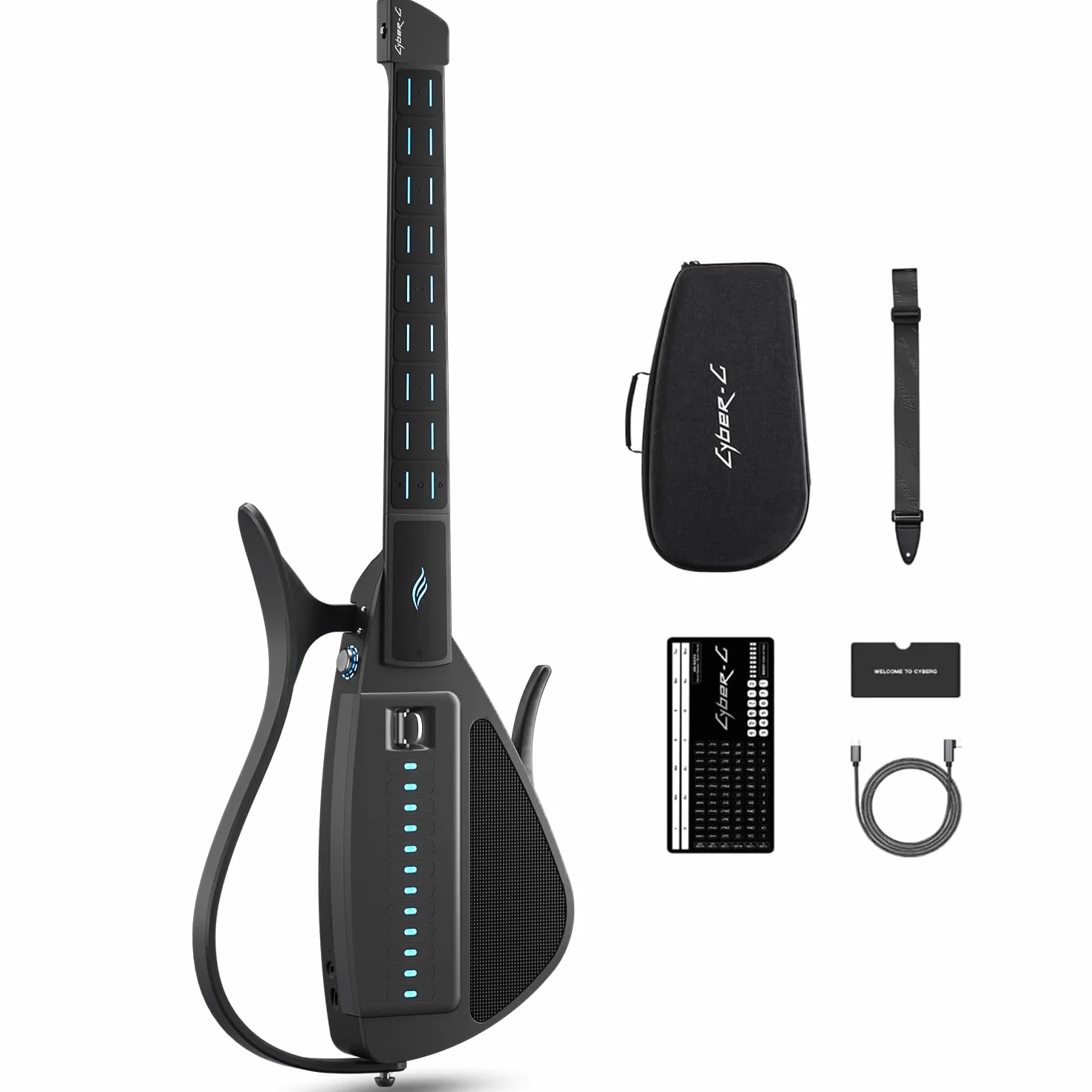 Enya CYBER-G Guitarra Smart Innovadora – Sin Cuerdas Guitarra Travel Guitar portátil & Silent E-Guitar con teclas LED, Drum & Bass, cientos de sonidos, altavoz incorporado para aprendizaje rápido