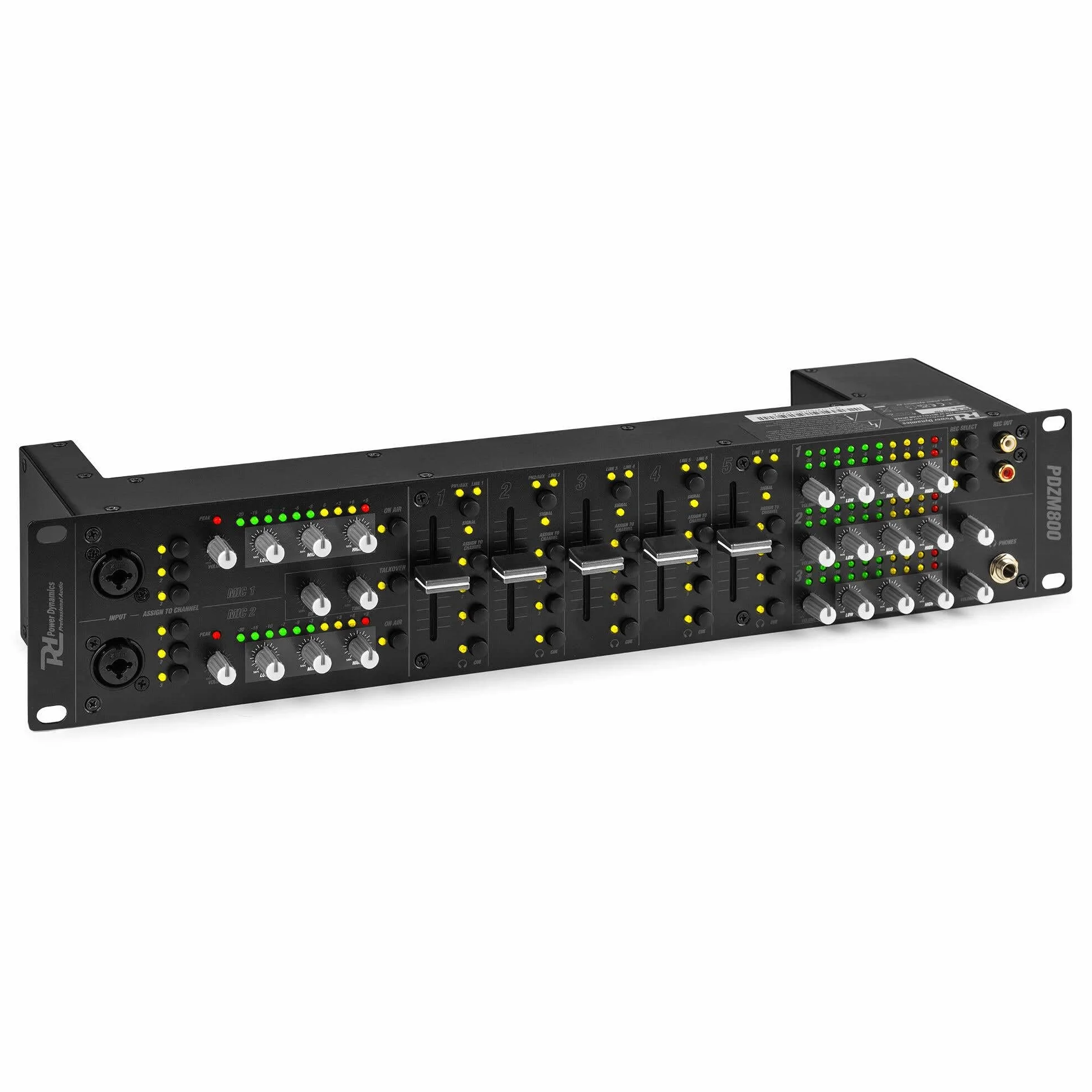 Power Dynamics PDZM800 Mezclador de audio, Mezclador de 3 zonas, instalaciones de altavoces, procesador DSP, 5 entradas + 2 canales de entrada MIC, talkover, CUE, rack 19» 2U, XLR, jack, +48V phantom