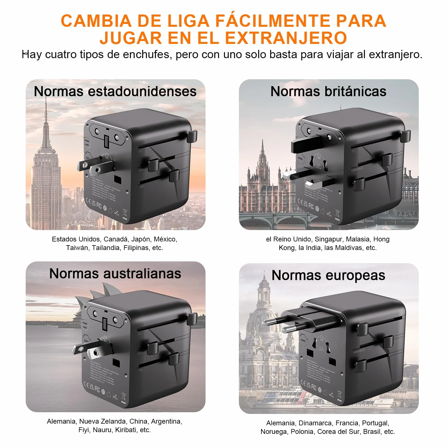 GRIFEMA Adaptador Enchufe Universal de Viaje, Cargador Internacional 6 en 1 con 2 USB-C, 2 USB-A y 2 Tomas AC, Adaptador Corriente para Reino Unido, USA, Europa, Australia, Italia, Japón