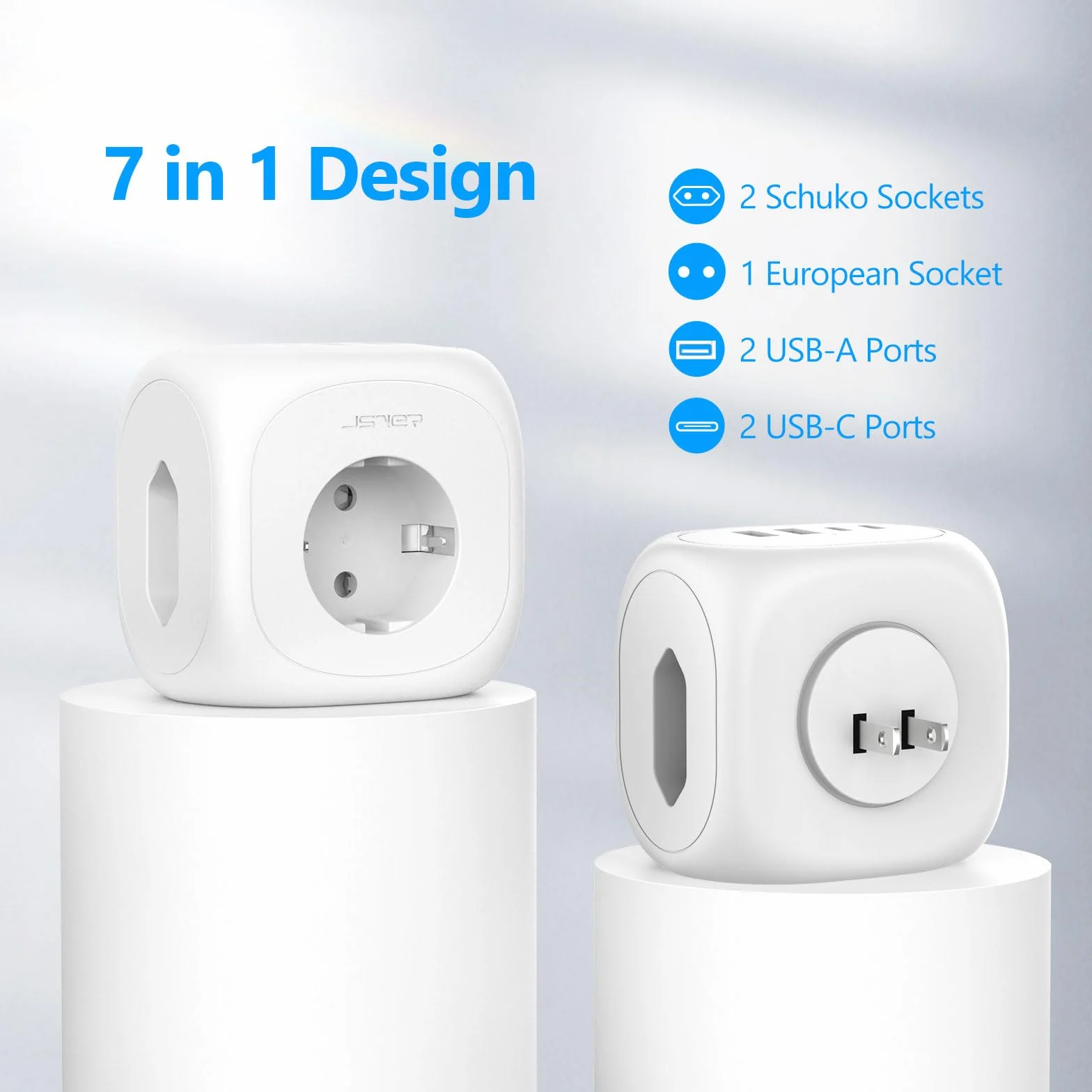 Adaptador Japon 3 Tomas, JSVER 7 en 1 Adaptador Enchufe para Japan Tipo A con 2 USB A y 2 USB C, Enchufe de Viaje para Español a Japones,América, México, Canadá, Tailandia-Blanco