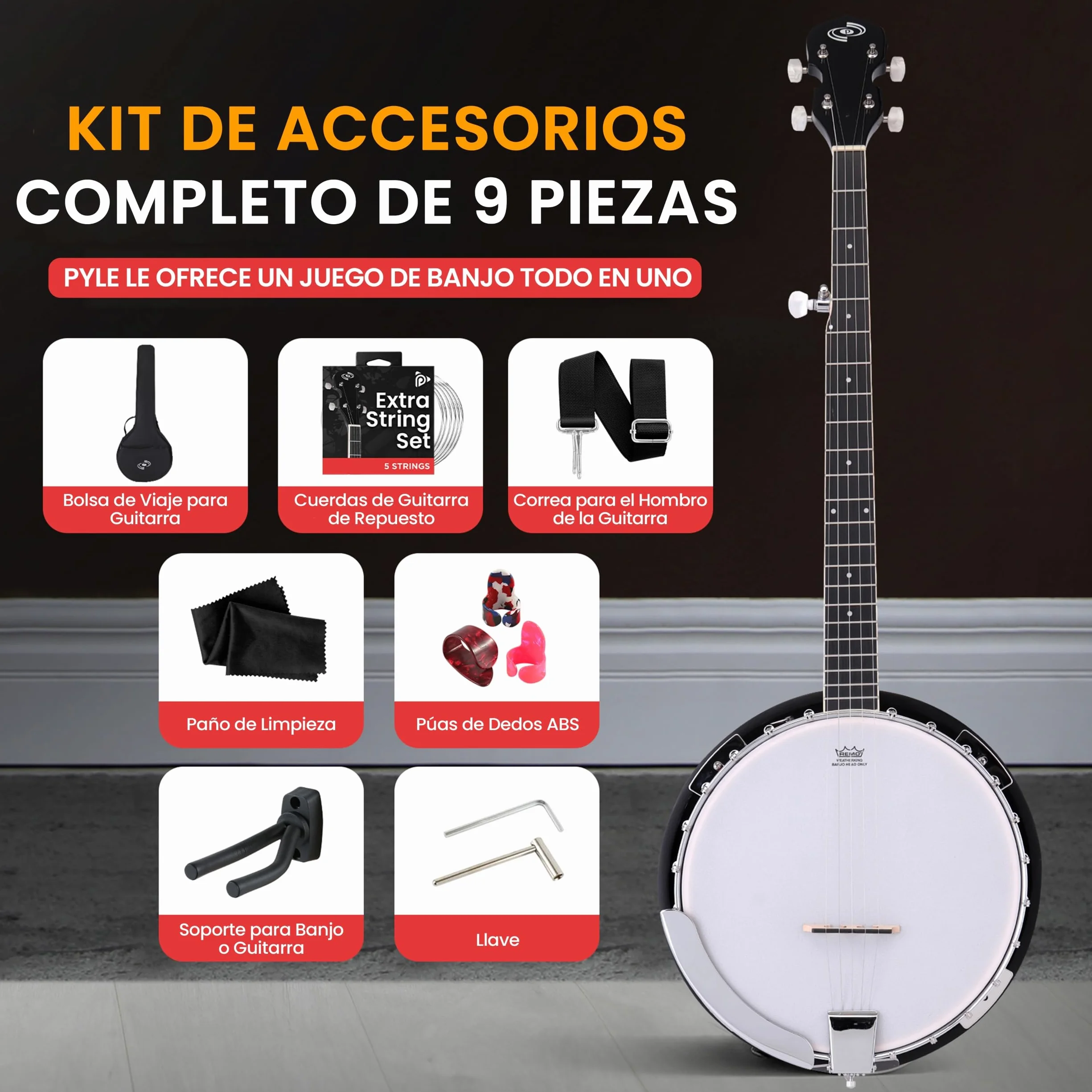 Pyle banjolele kit, Banjo, Remo head, Resonador de sapele, 39”, Tamaño tradicional, 5 cuerdas, Afinador engranado