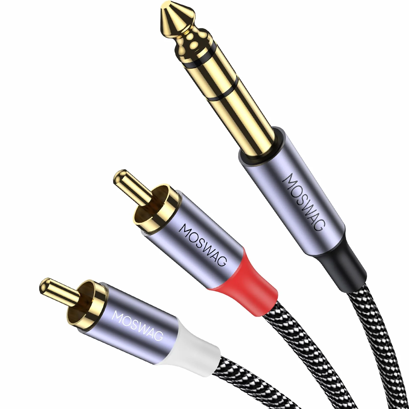 MOSWAG Cable De 6,35 mm a 2RCA, 6,35mm 1/4 Inch TRS Macho a 2 RCA Macho Cáscara de Cobre Heavy Duty Estéreo Adaptador de Audio y Divisor RCA Cable Chapado en Oro