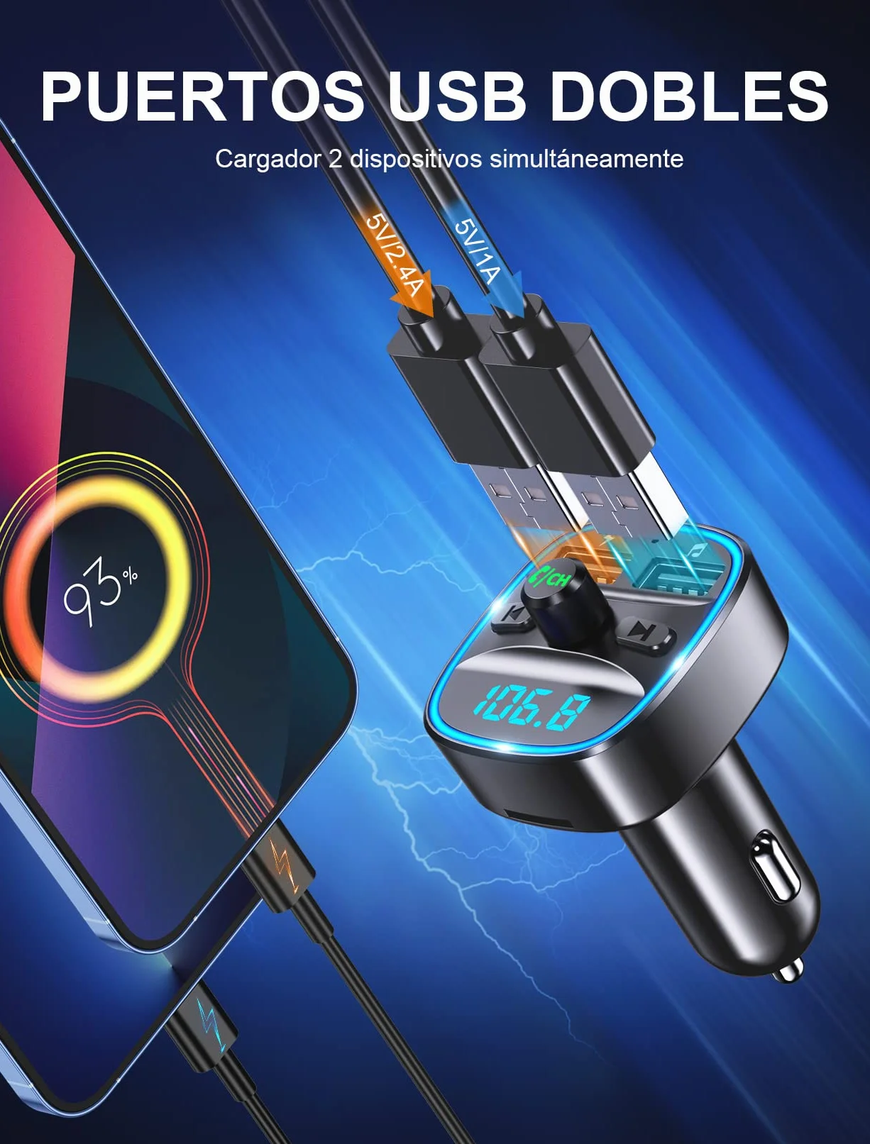 Mohard Transmisor FM Bluetooth Coche, Manos Libres Adaptador Bluetooth, Reproductor MP3, Puertos USB Duales 5V/2.4A
