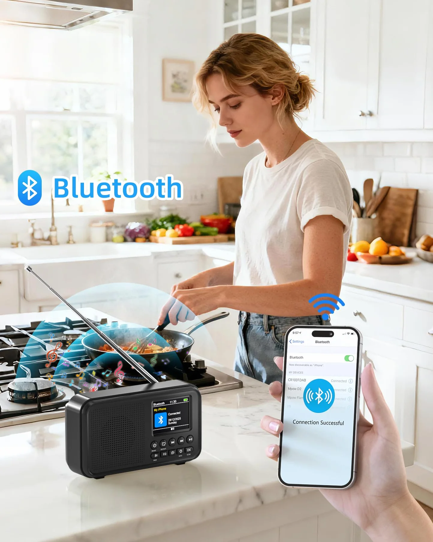 Mesqool Radio Digital Dab&FM con Bluetooth, Batería Recargable de 3000mAh, Compatibilidad con Tarjetas TF de 64GB, Carga Tipo C, Toma de Auriculares, 40 Presintonías FM & 40 Dab, Doble Alarma