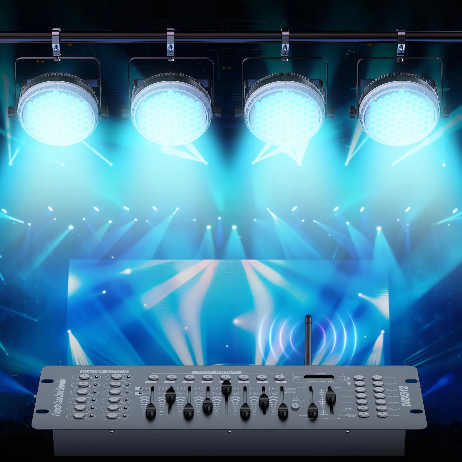 Controlador DMX inalámbrico con caja, DMX512 transmisor inalámbrico /3 receptores, receptor recargable con pantalla táctil, Uso continuo durante 20 horas