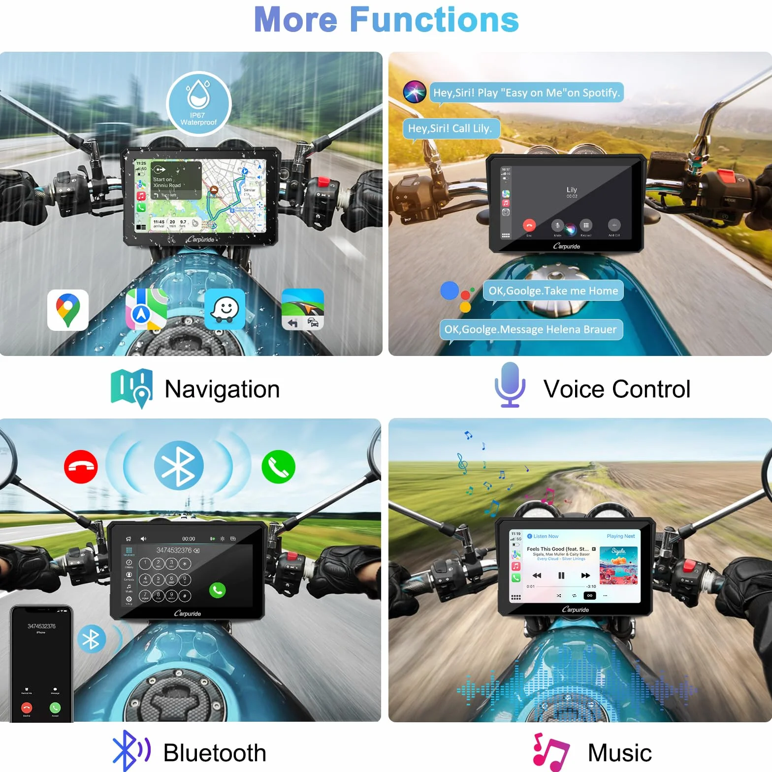 Carpuride W702 Pantalla GPS Carplay 7 Pulgadas Motocicleta CarPlay Inalámbrico Android Auto Pantalla Táctil Impermeable Bluetooth Navegación