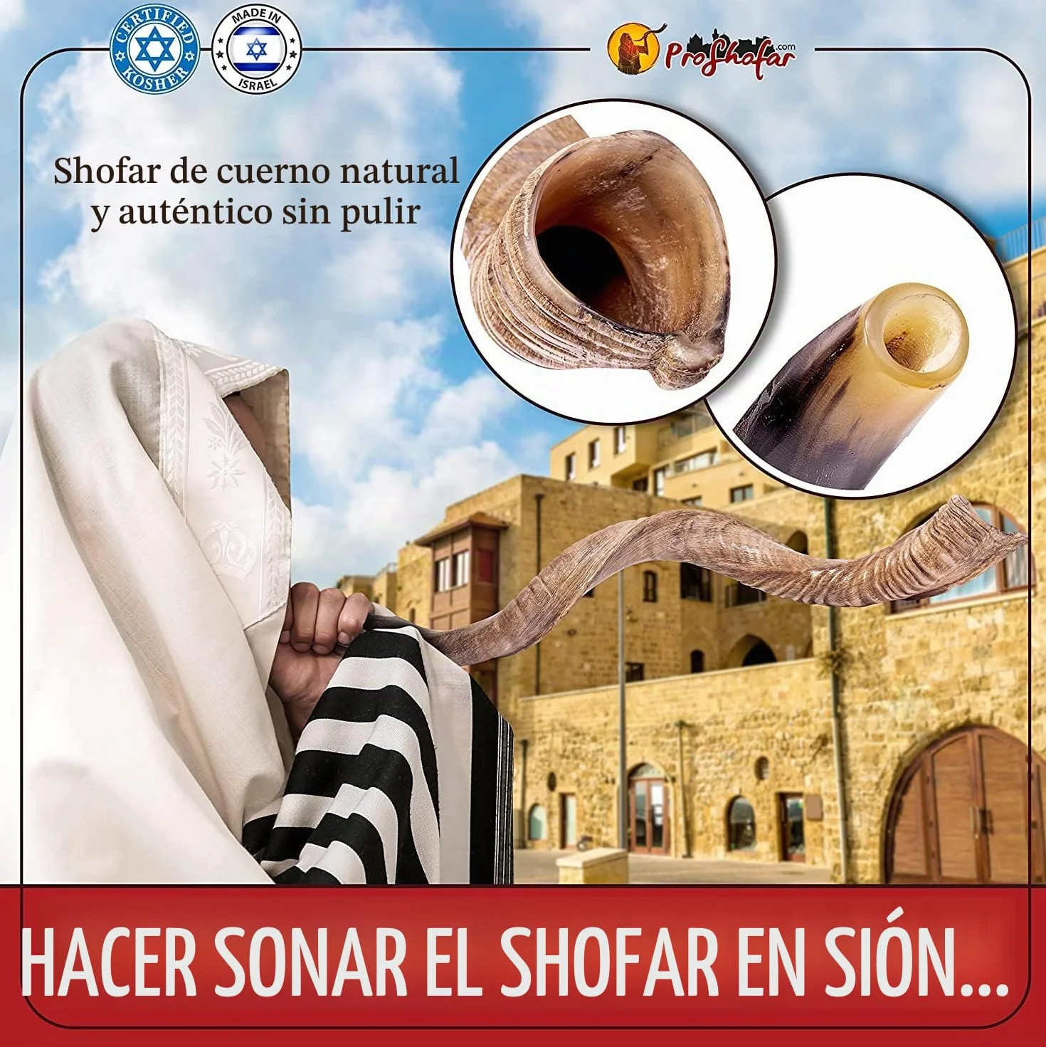 Shofar de Israel kosher - Shofar Natural Kudu Horn - Instrumento musical tradicional yemenita para ceremonias espirituales judías y sermones religiosos, fabricado en Israel