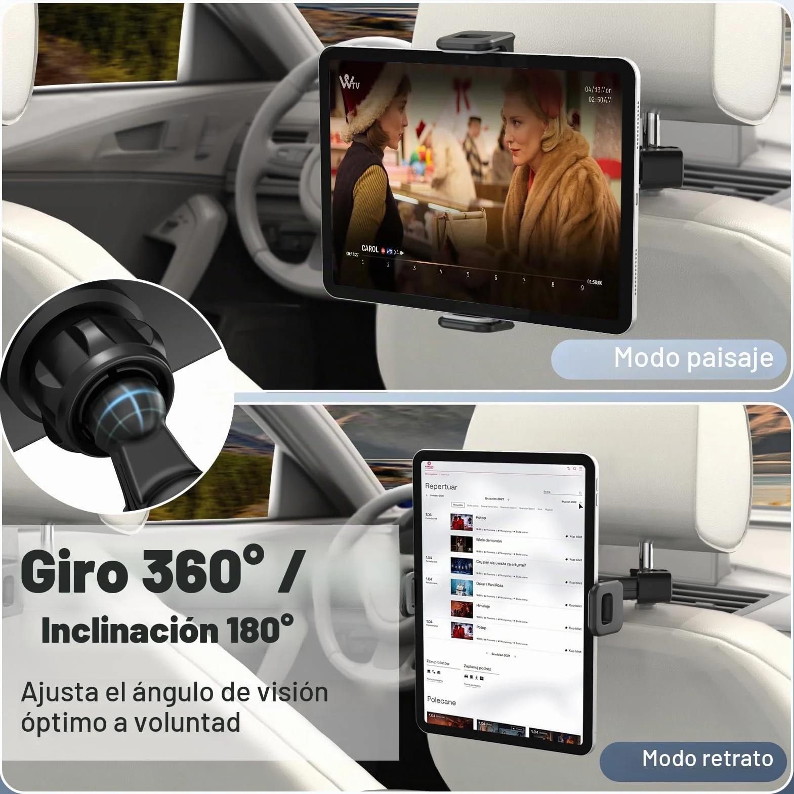 FINTIE Soporte Tablet Coche Universal 6-13"- [360° Giratorio] Soporte Tablet Ajustable para Reposacabezas de Coche para iPad Air/Pro/Mini, Galaxy Tab, Smartphone, Kindle, Fire