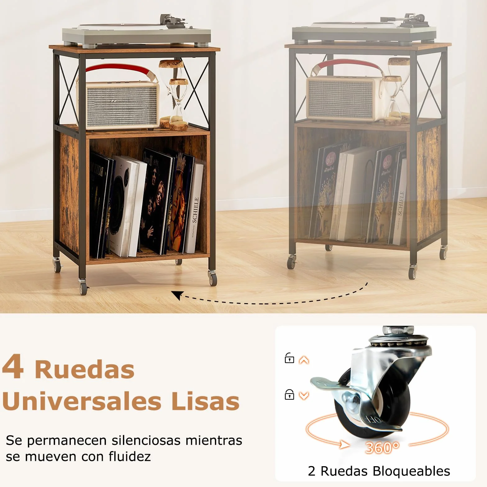 GOPLUS Soporte para Tocadiscos, Mesa para Discos con Estación de Carga Integrada, Mueble de Almacenamiento para Vinilos con Ruedas Bloqueables, Armario de Exhibición para Habitación, Sala de Estar