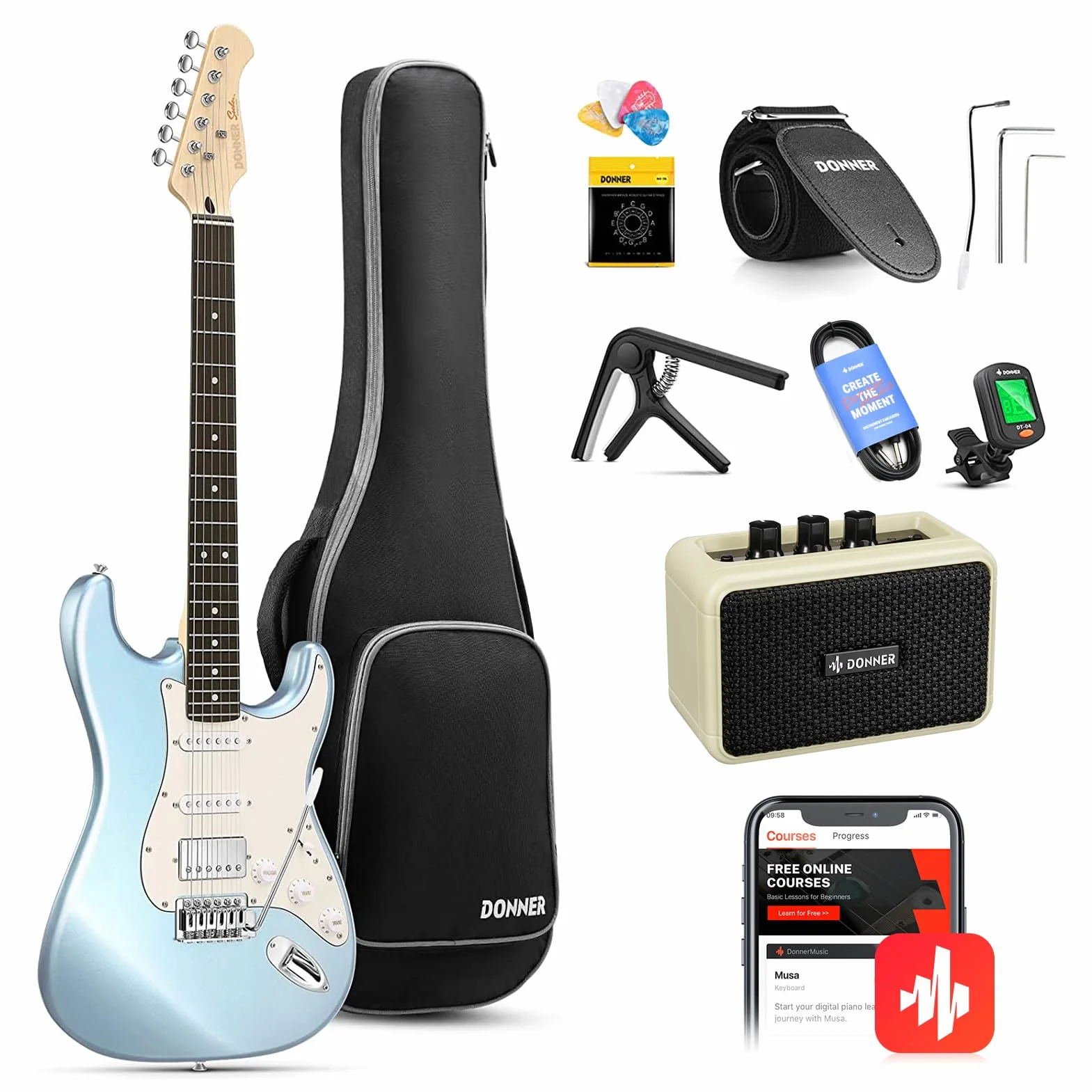 Donner Guitarra Electrica, DST-152R Kit Guitarra Electrica de Tamaño Completo HSS Pickup Coil Split, Guitarras Electricas Set Adultos con Amplificador, Bolsa, Accesorios