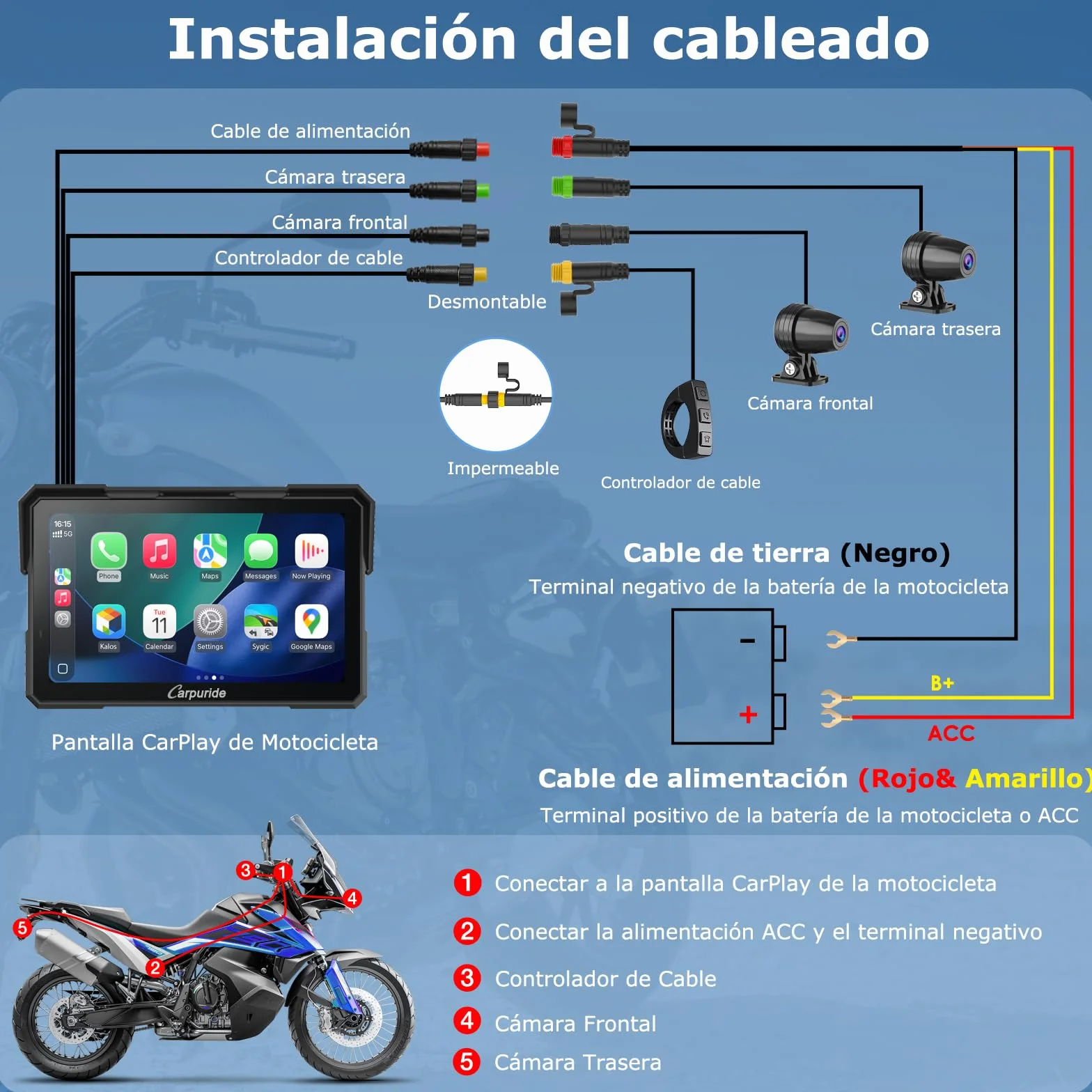Carpuride W702 Plus Motocicleta Carplay Pantalla con Doble Cámara 7" Pantalla Táctil Impermeable CarPlay Android Auto Inalámbricos
