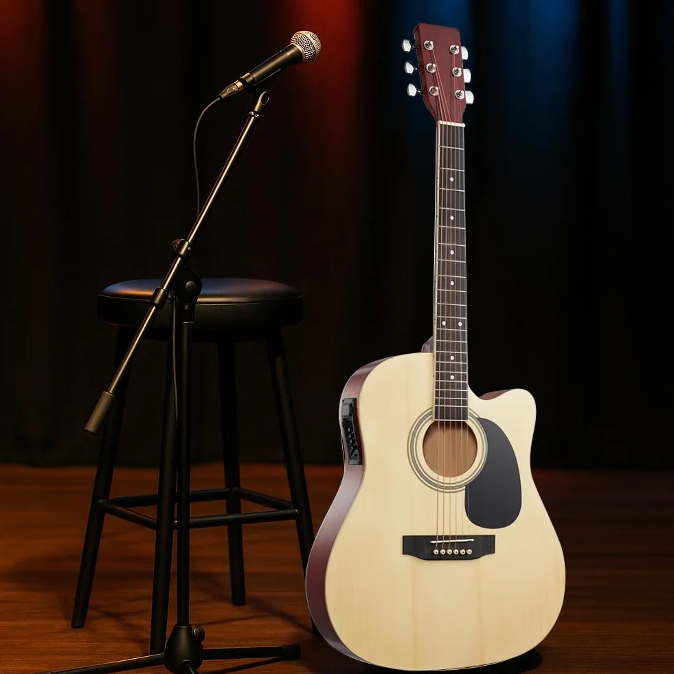 BAKAJI Guitarra electroacústica de 41 pulgadas con funda, kit de repuesto de cuerdas, púas, cable para amplificador y correa, guitarra folk con forma de cutaway para adultos y principiantes (natural)