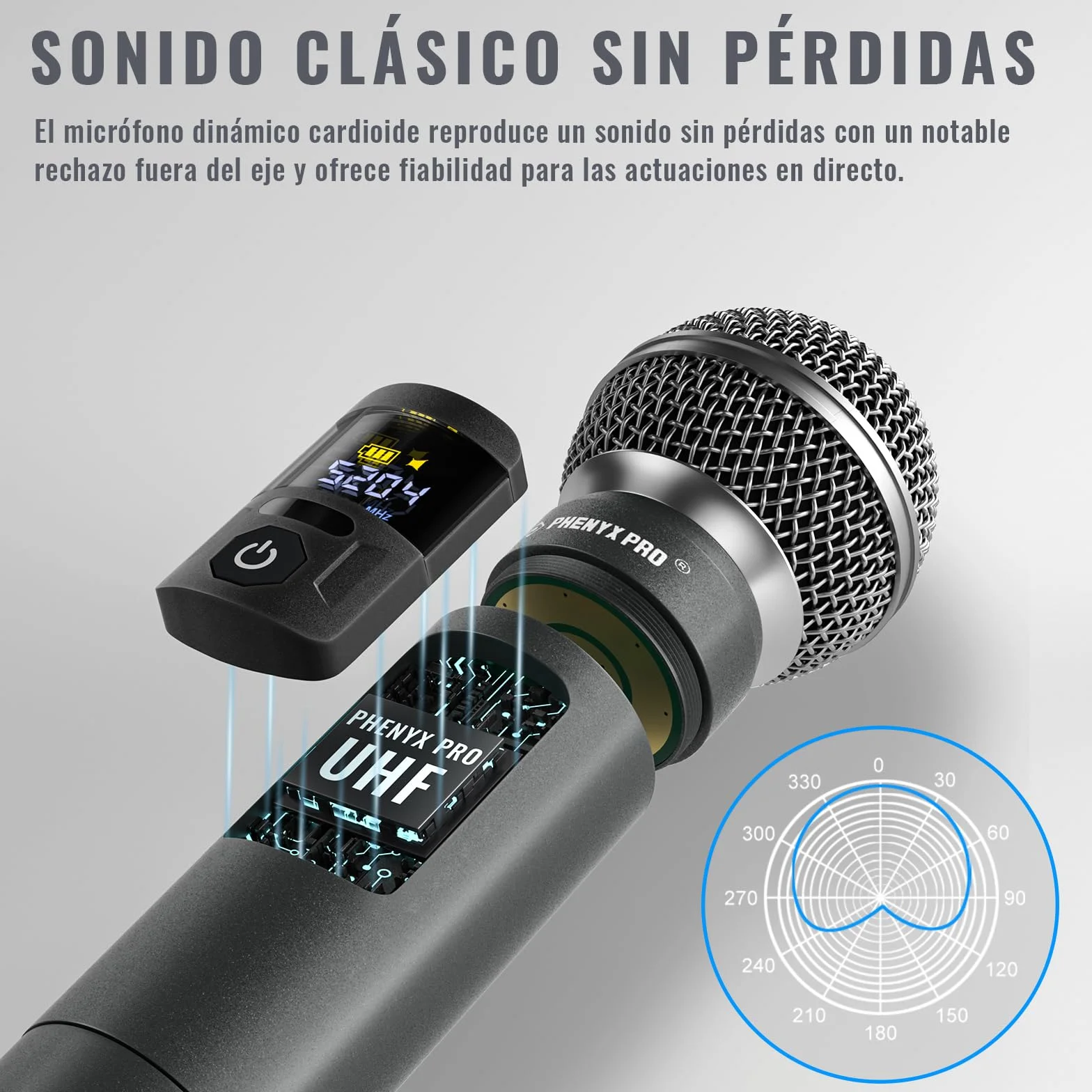 Phenyx Pro Sistema de Micrófono Inalámbrico de Metal, Micrófonos Dinámicos Inalámbricos de Mano para Canto, Karaoke, 2x30 Frecuencias Sintonizables UHF, Alcance de 200 pies (PTU-52-2H)