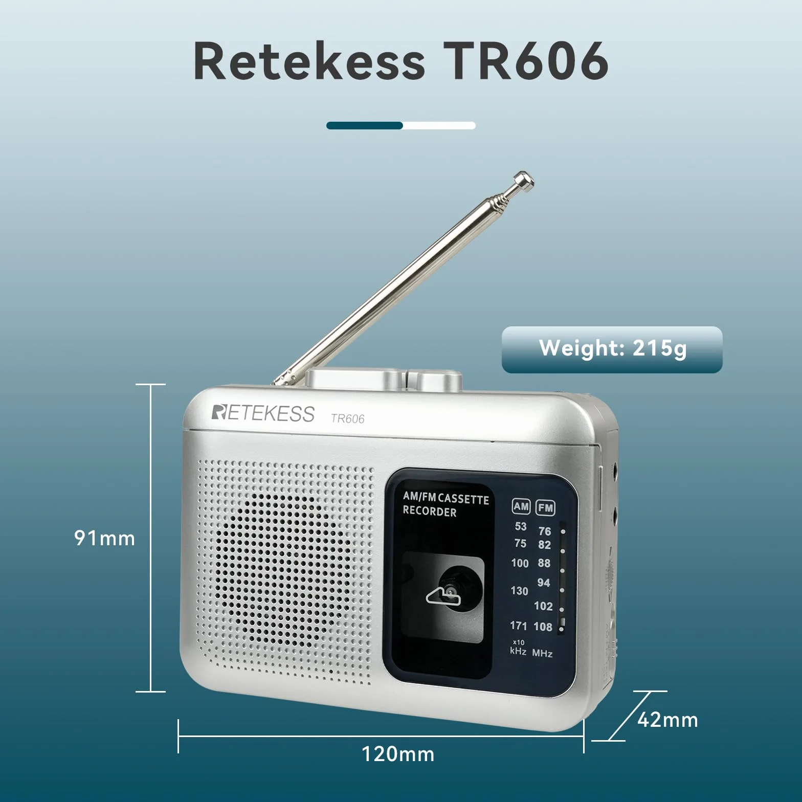 Retekess TR606 Reproductor de Casetes Portátil con Radio FM AM, Jack 3,5 mm, Grabación a Casete y PC, Plata