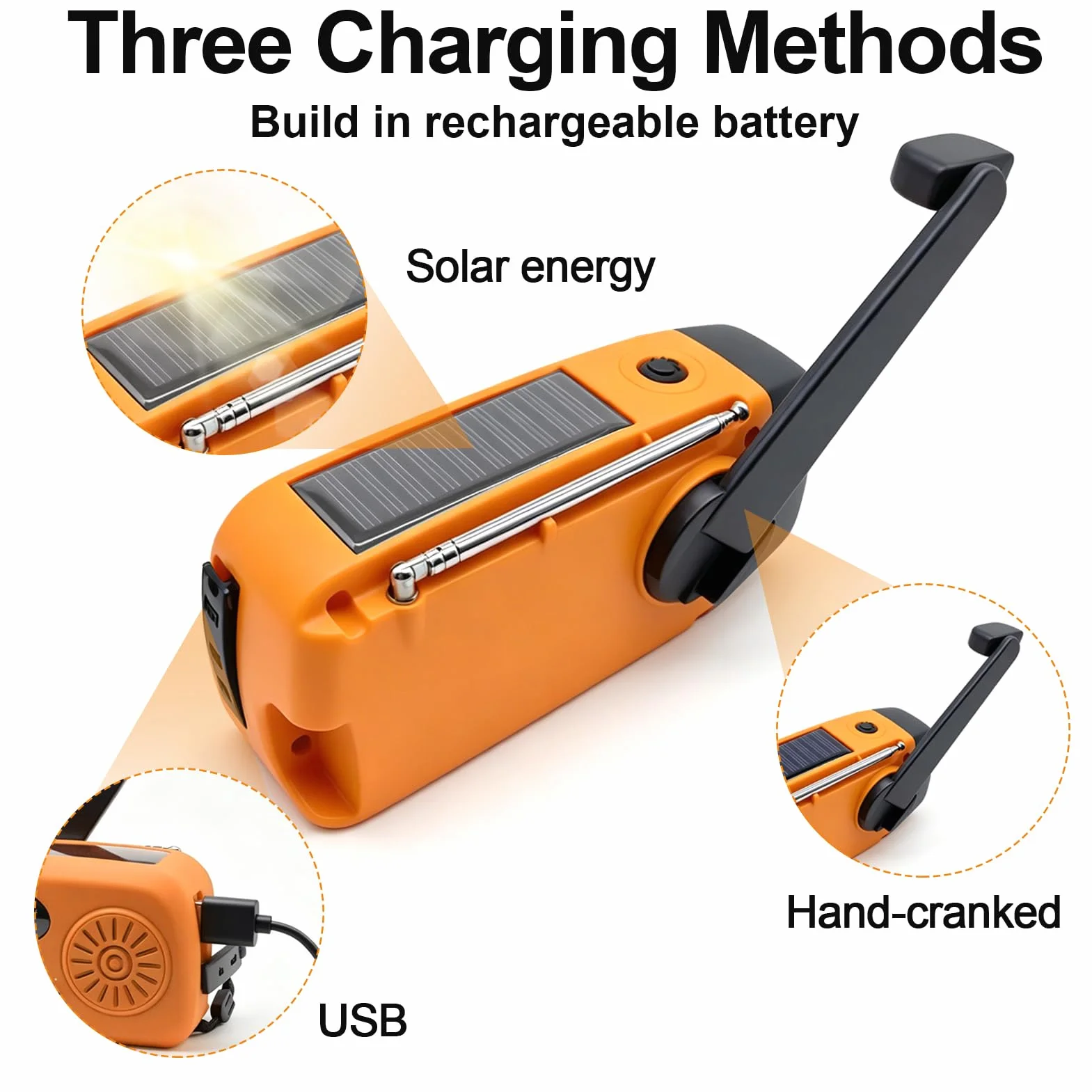 Radio Solar de Emergencia con Manivela manivela portátil Radio Portátil Am/FM con 3 potentes Luces LED Batería 600mAh USB Recargable para Cargar Móvil para Supervivencia Camping Senderismo Apagones