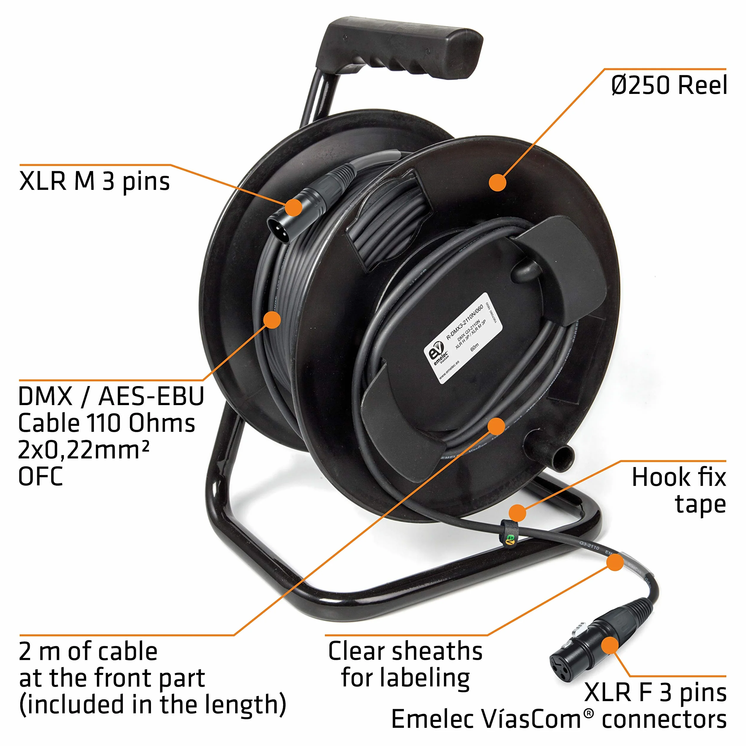 R-DMX3-2110N/050 – 50m Cable Balanceado Digital DMX 110Ω OFC 2x0,22mm² montado en Portacables con XLR 3 Pines – Color Negro – PVC Muy Flexible