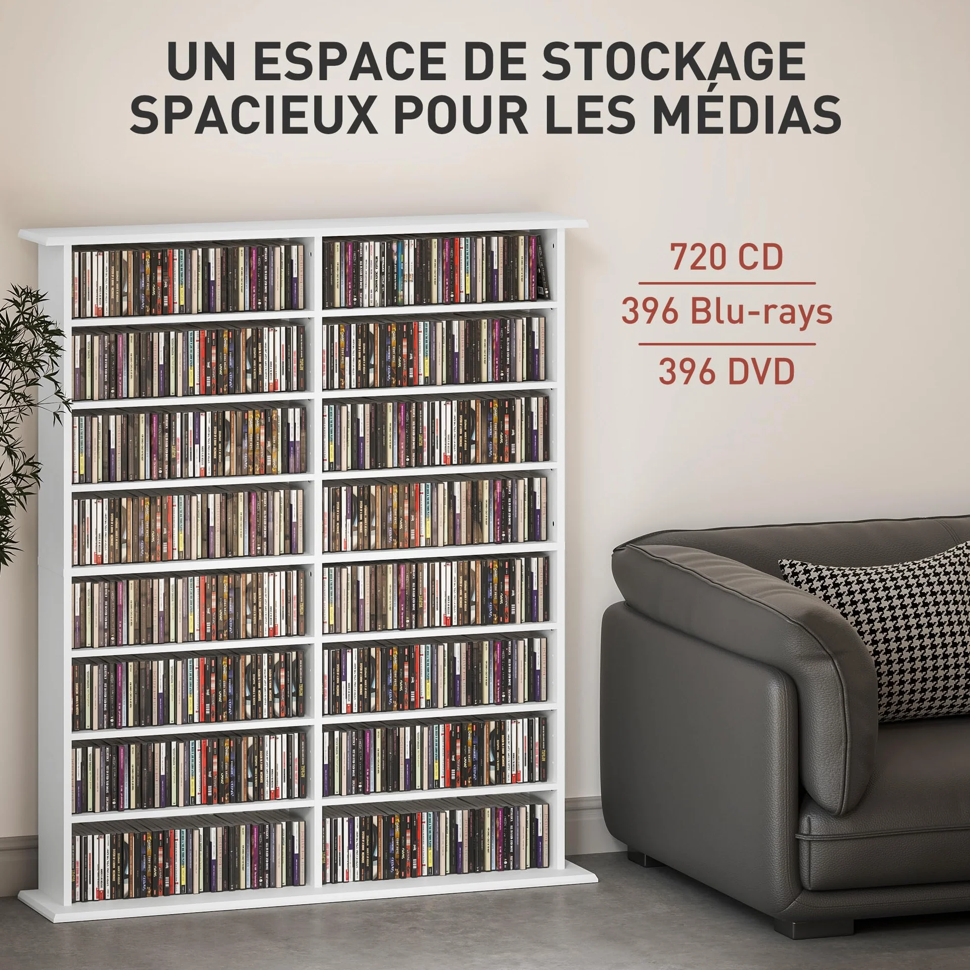 Unidad de Almacenamiento de CD y DVD HOMCOM, Unidad de Almacenamiento Multimedia con 16 Compartimentos y 12 estantes Ajustables, Capacidad máx. 720 CD/396 DVD y BLU-Ray, 106,5 x 24 x 123,7 cm, Blanco