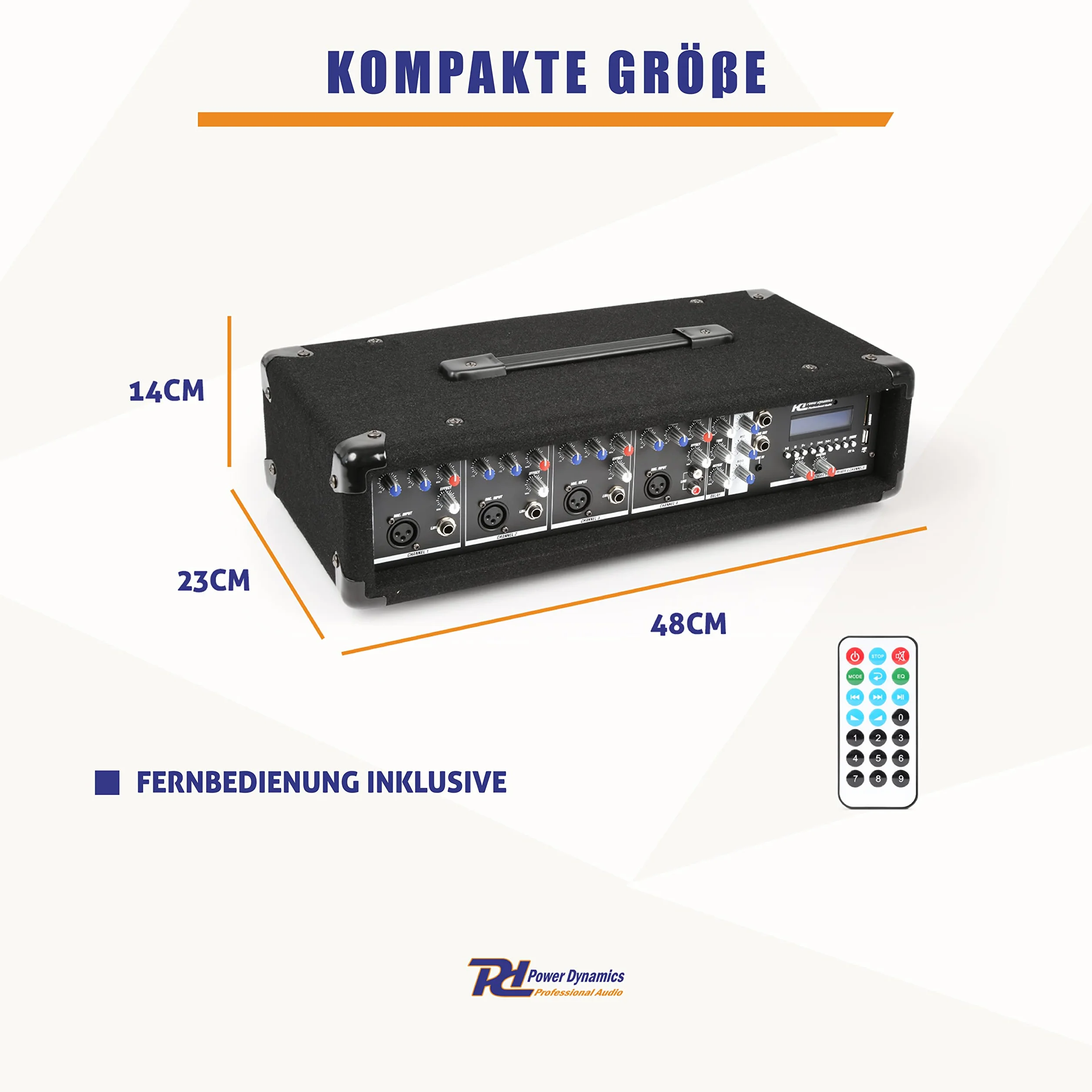 Power Dynamics PDM-C405A Mezclador DJ de 4 canales con amplificador Mezclador con Bluetooth, robusto mezclador de audio, efecto echo, reproductor MP3, mezclador para pequeños eventos en directo