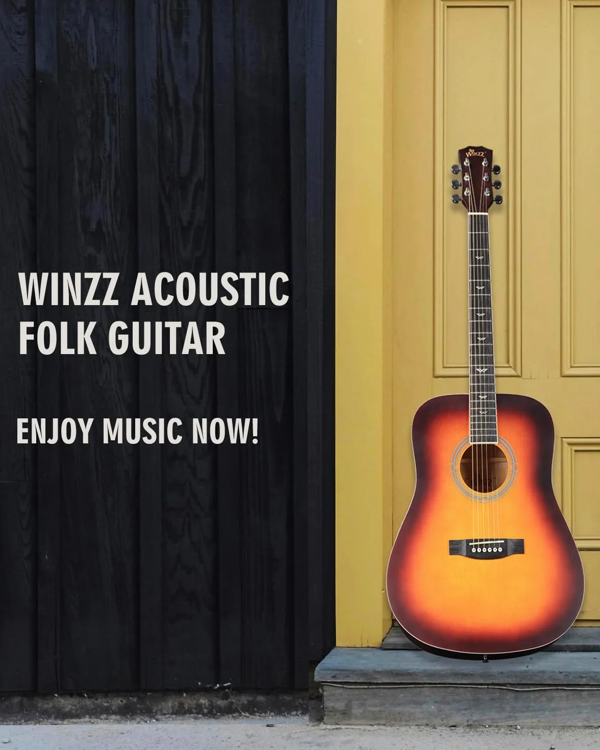Winzz Guitarra Folk Acústica 4/4 Adulto Sunburst Para Principiantes, Incluye Funda, Afinador, Correa, Púas, Juego Extra de Cuerdas Y Soporte Para Guitarra