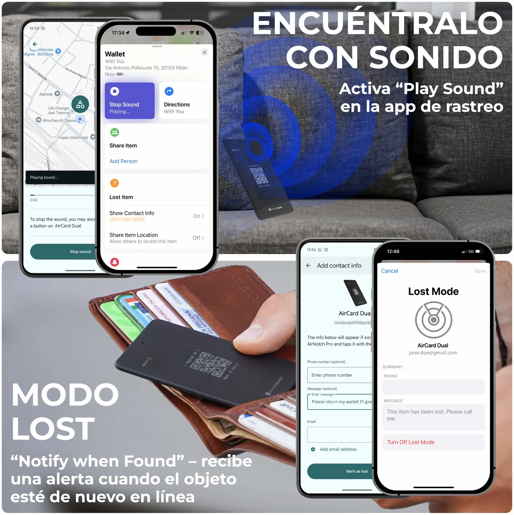 Rolling Square AirCard Dual - Tag Localizador Android y Apple Compatible con Apple iOS Find My y Google Android Find Hub, Carga Inalámbrica Tarjeta Antiextravío, Smart Tag Buscador de Cartera, Negro