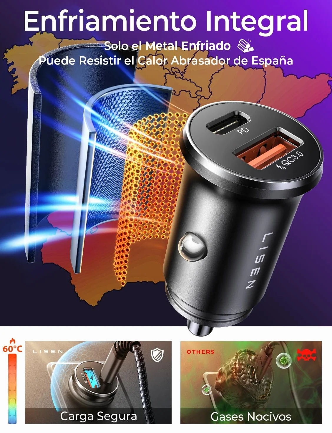 LISEN Cargador Coche Carga Rápida USB C 69W+60W Cable 12/24V para iPhone 17 16 Samsung S26 Kindle iPad